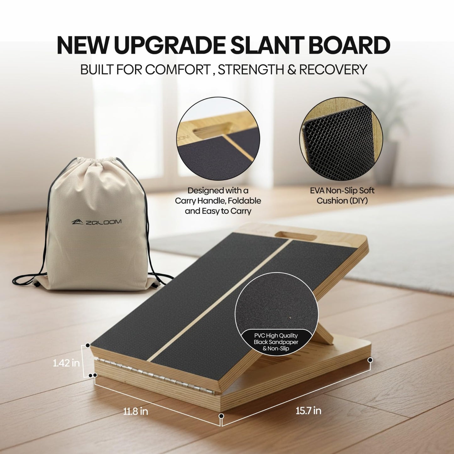 Zaloom Wooden Slant Board for Calf Stretching - 6 Adjustable Angles, 400 Lbs Capacity Calf Stretcher Slant Board for Squats, Knees, Ankle, Leg, Heel & feet, Squat Wedge & Physical Therapy Equipment