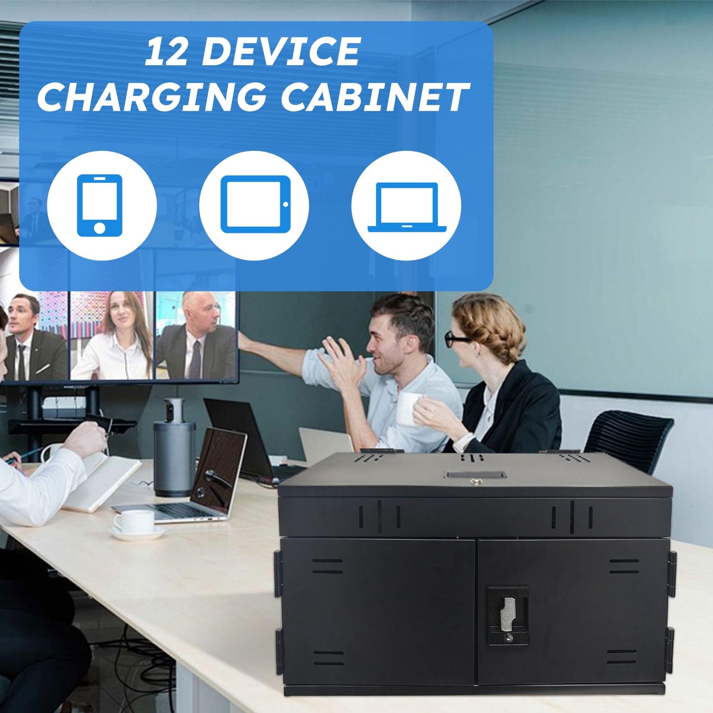12 Device Charging Station for Laptops & Tablets, Portable Lockable Charging Cabinet Lock Box with Cable Management,Fits 17in Laptop Computers Chromebooks, for Classroom, Library, and Office(Black)
