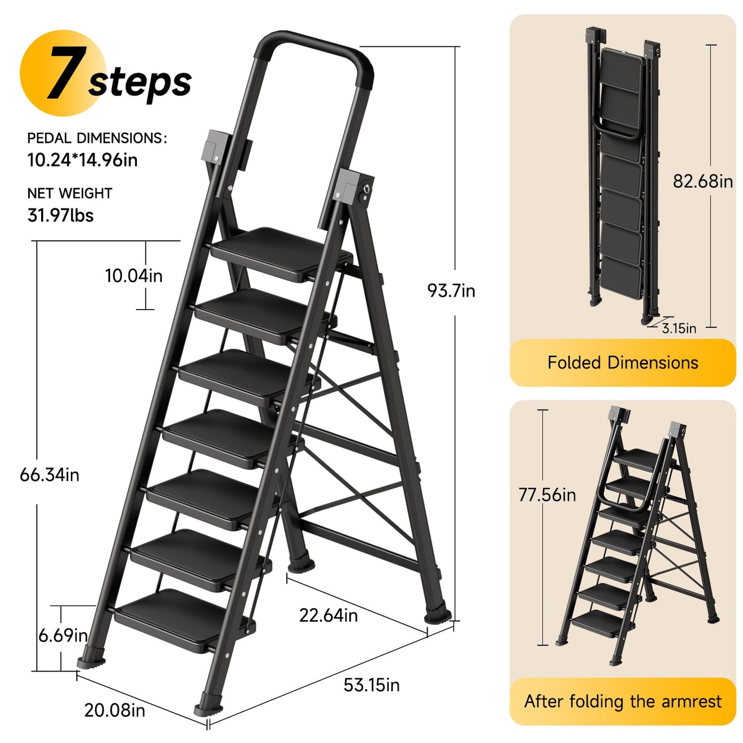7 Step Ladder, Retractable Handgrip Folding Step Stool with Anti-Slip Wide Pedal, Carbon Steel Step Stool Ladders for Adult,Safety Household Ladder for Kitchen,Home,Office&Garage