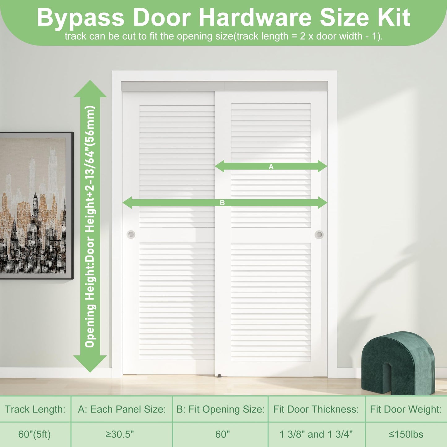 BarnBase 5FT/60(Double 2.5FT) Bypass Door Hardware, Aluminum Double-Closing Sliding Closet Door Hardware with Finger Pull Included, Smoothly and Quietly, Fit Door Thickness 1 3/8" or 1 3/4", Silver