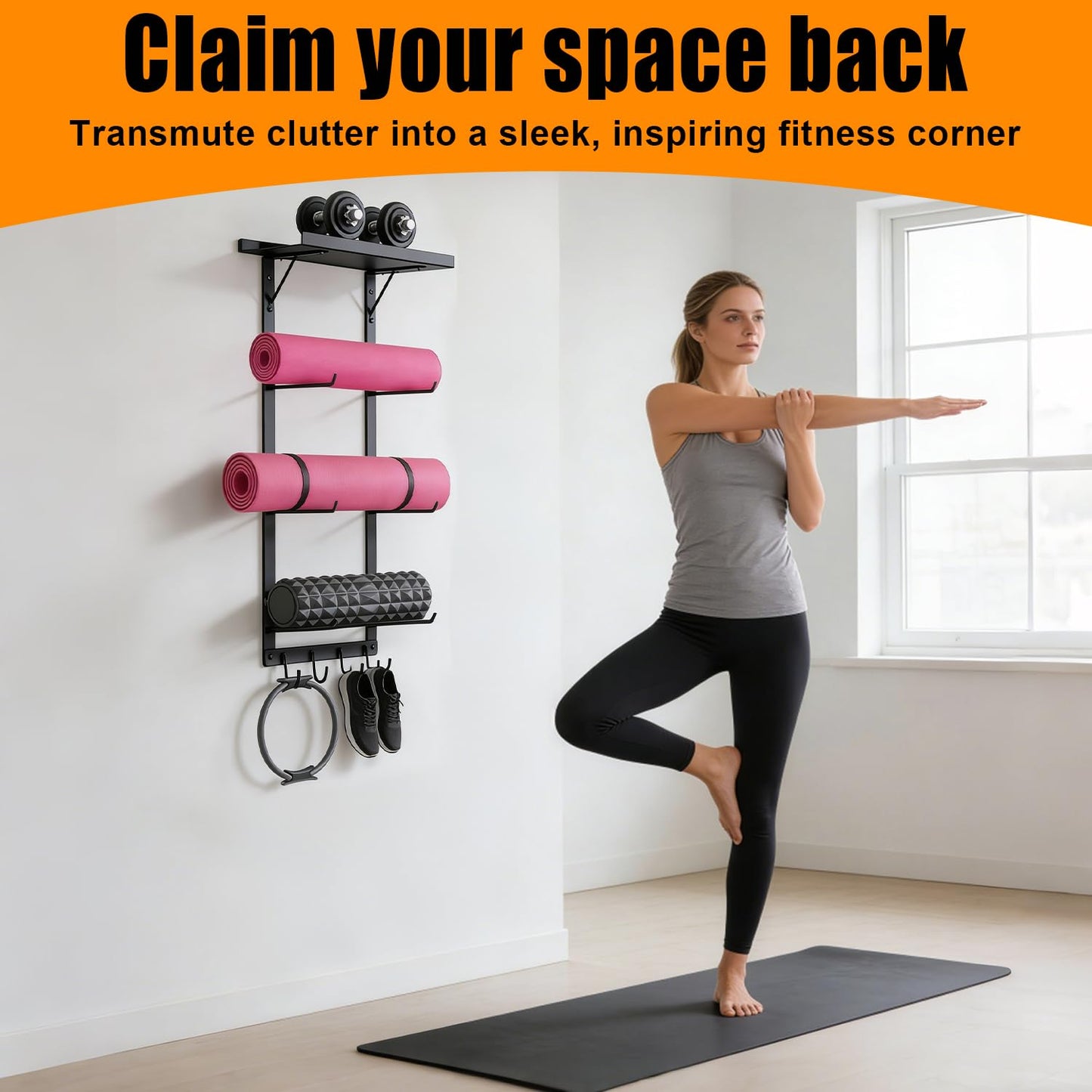 LFIPYM Black Wall Mount Yoga Mat Holder with Floating Shelf & 5 Hooks, Home Gym Storage Rack for Yoga Mats, Foam Rollers and Resistance Bands, Metal
