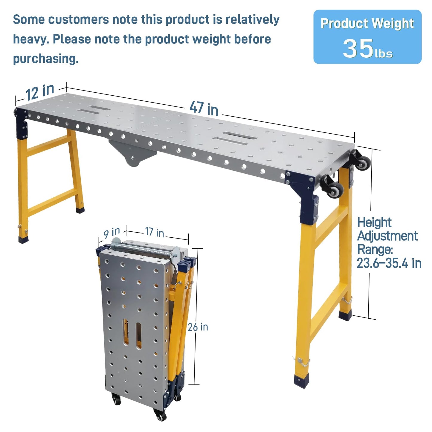 Villertech Folding Scaffolding Platform 1100 Lbs Height Adjustable Anti Slip Steel Step Ladder Stool with Galvanized Coating Anti-Slip Feet for Construction Car Washing Roof Snow Removal（47" Wide）