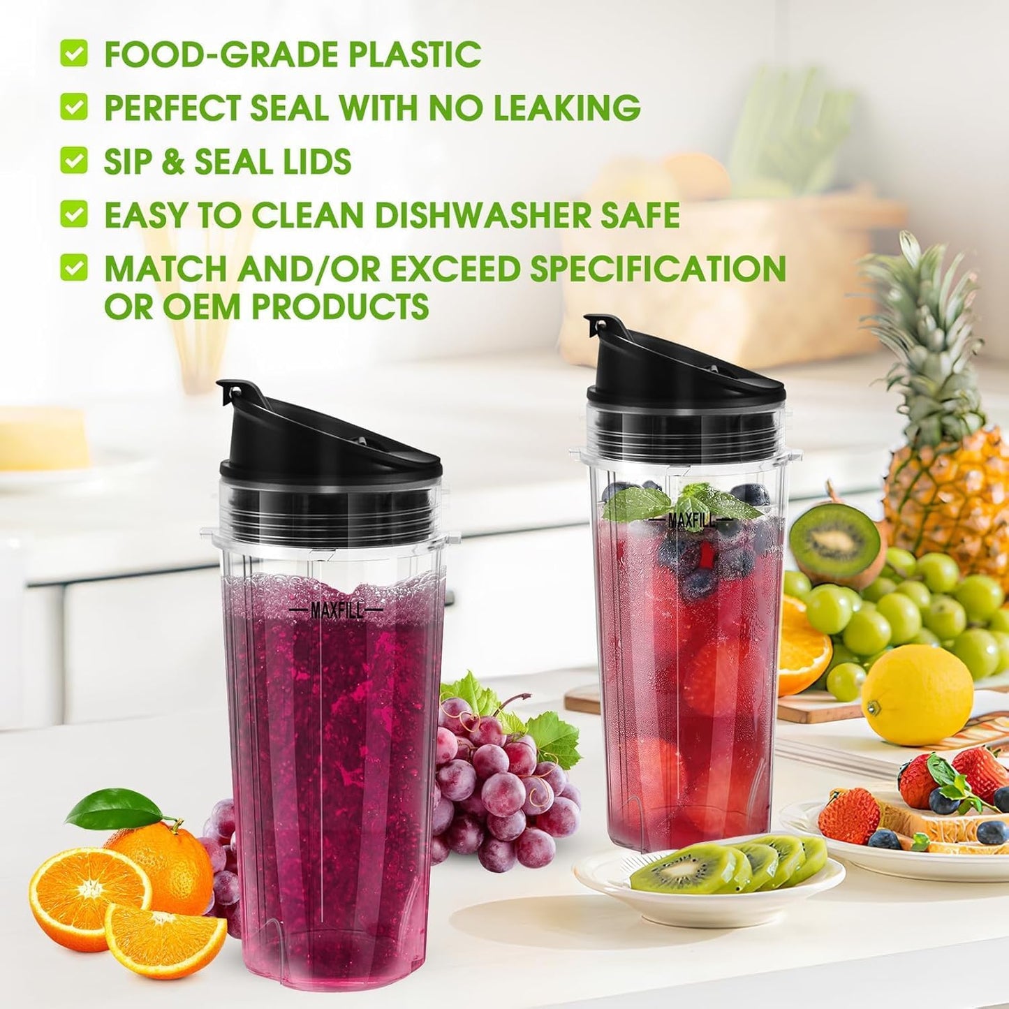 Ninja Blender Cups - 16oz Replacement 3-Pack with Lids | Compatible with QB3001SS, BL770, BL780, BL660, BL740, BL810, Nutri Ninja Series