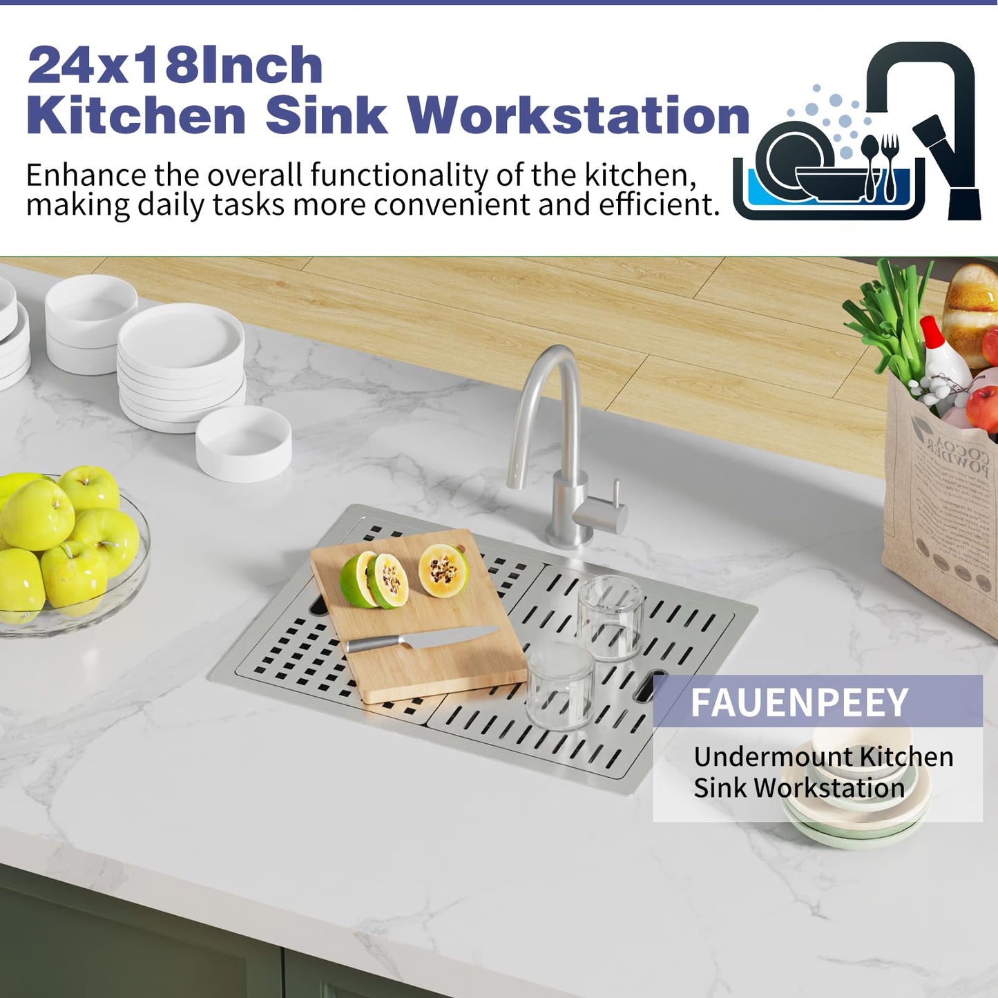 24x18 Inch Kitchen Sink With Dual Cover-Stainless Steel Undermount Single Bowl Kitchen Sink Built-in Ledge Drop In Workstation Sink Fully Covering Sink To Create Temporary Workspace/Drainage Area