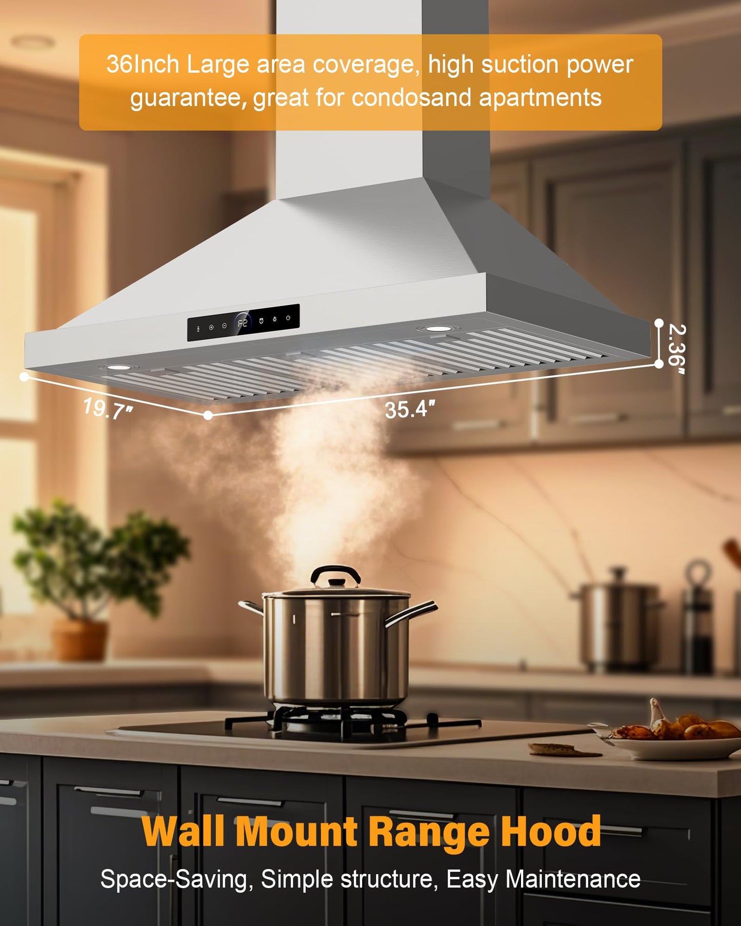TAZPI 36 Inch Wall Mount Range Hood 1200 CFM, 4 Speed Remote Control Kitchen Wall Mount Range Hood with Motion Sensor & Adjustable LED Lighting Ducted/Ductless Convertible Pro Series