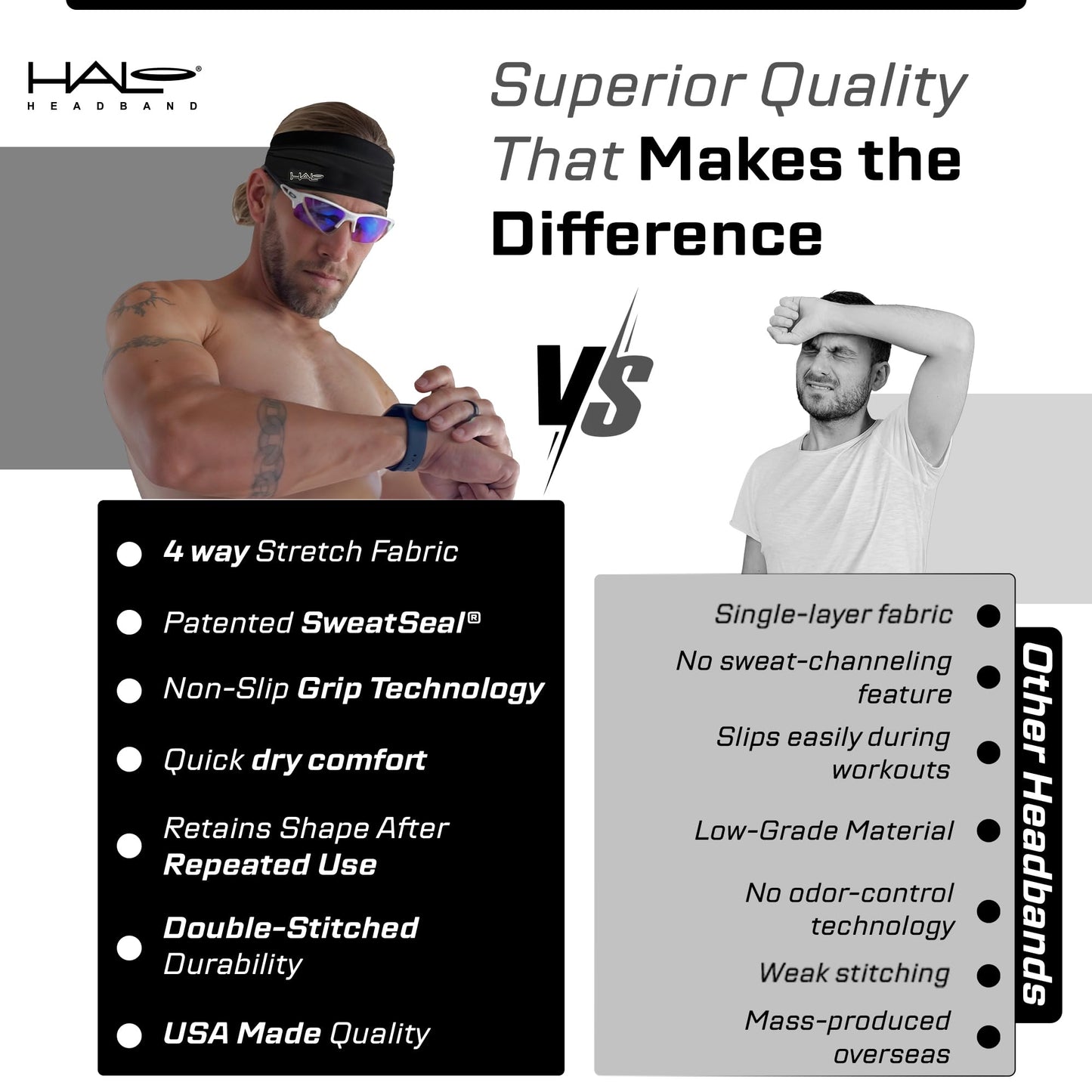 Halo Headband Bandit - Wide Pullover Sweatband for Both Men and Women, Black