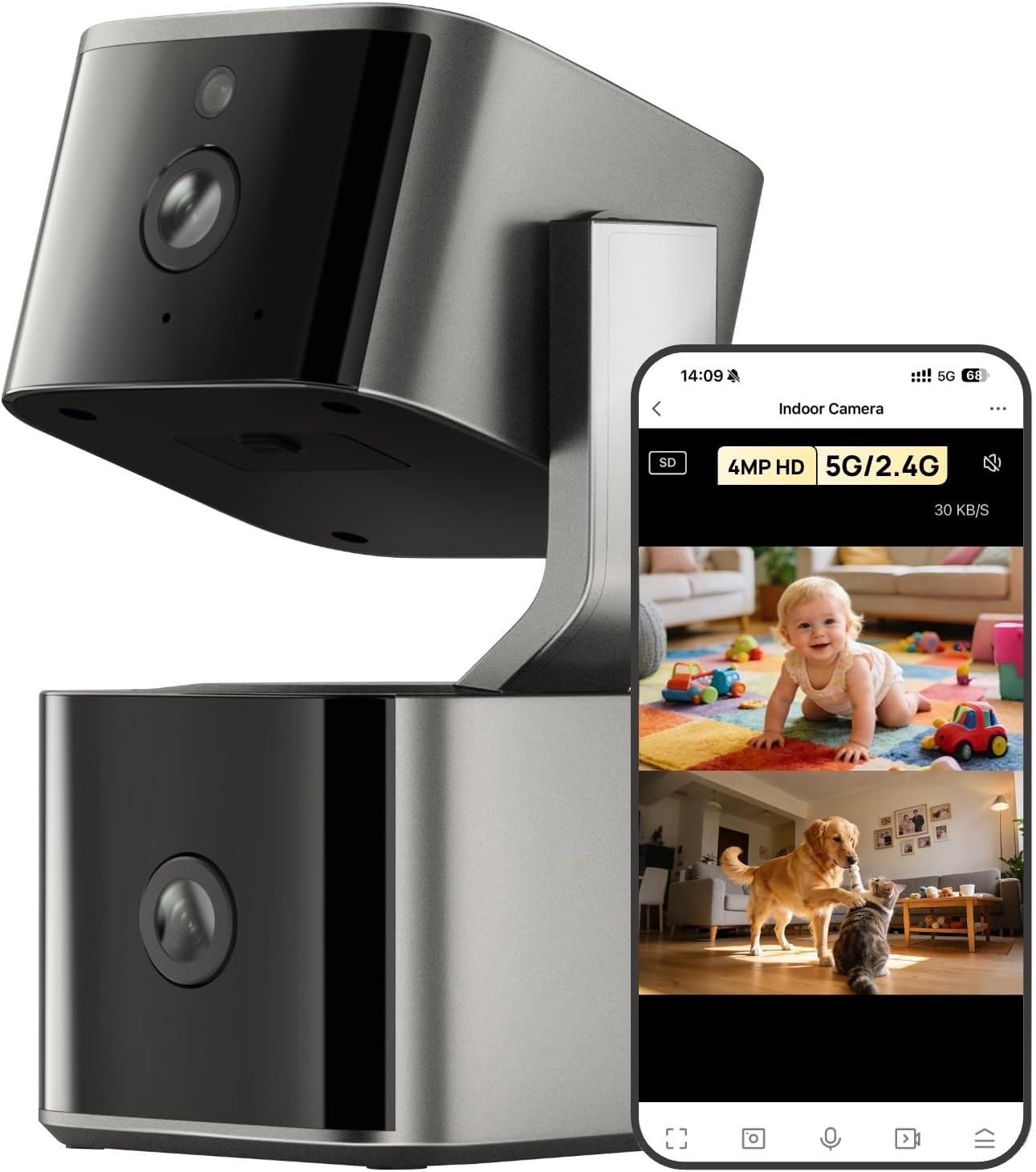 Aurumbach 5G/2.4G 2K+2K 2-Way 355 Dual Lens Security Indoor Camera WiFi, Pet Smart Camera with Pan Tilt for Home, Baby