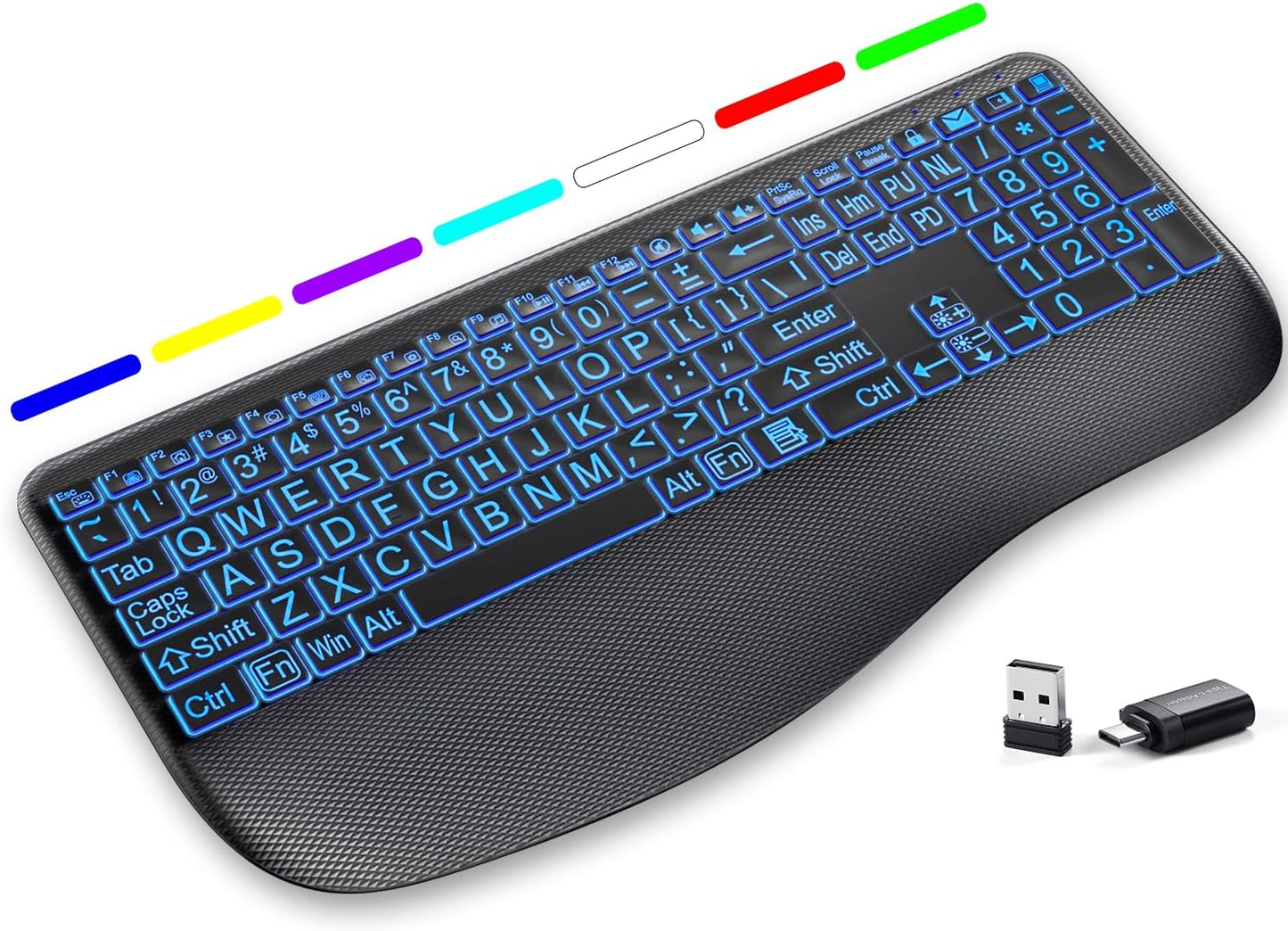 Hamile 7-Color Setting, Large Print Wireless Backlit Keyboard Rechargeable Quiet Low-Profile Keys, Light up with Memory