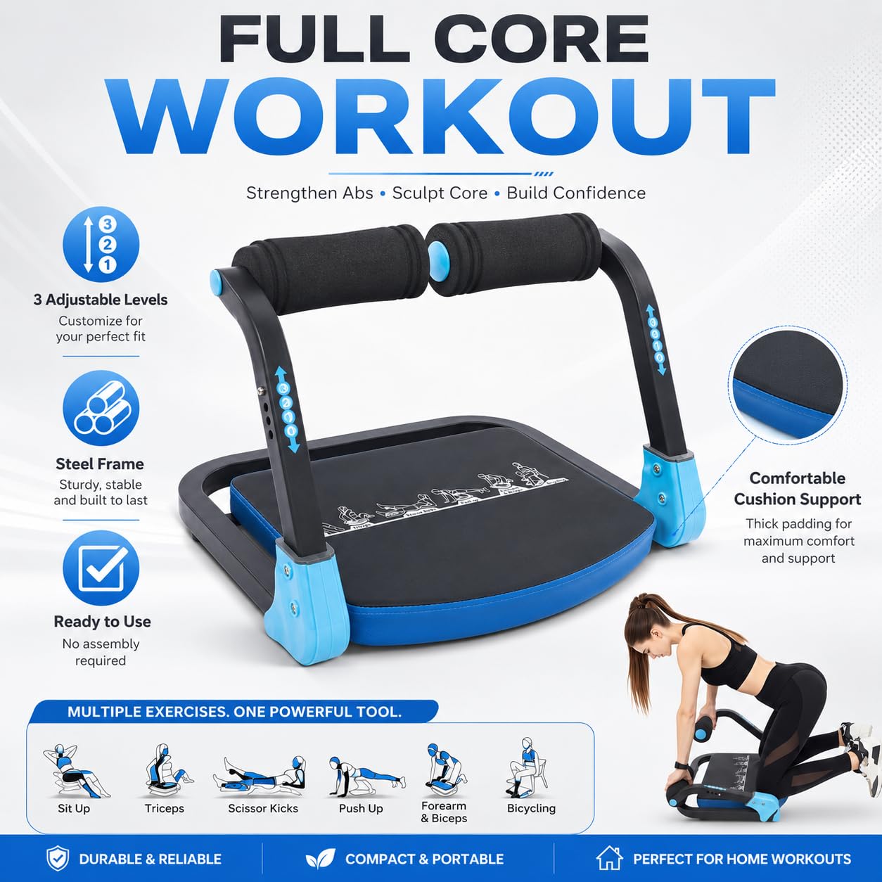 Ab Machine, Ab Workout Equipment with 3 Adjustable Resistance, Sit Up Machine & Exercise Equipment, Foldable Ab Crunch Machine for Home Gym, Modern Style, Blue and Black