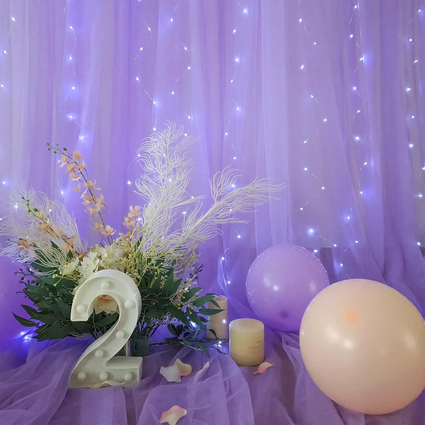 Suppromo 208ft Decorations(4 58ft) Lavender Tulle Backdrop Curtain with Lights String for Wedding Baby Shower Lavender