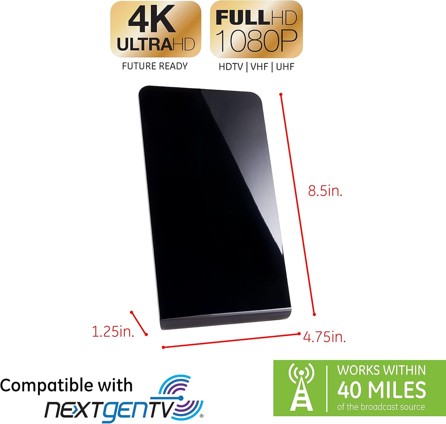 GE 4K 1080P 5ft 33681 Flat Panel Indoor HD Digital TV Antenna, Long Ran Smart TV Antenna, Supports HD Smart TV VHF UHF