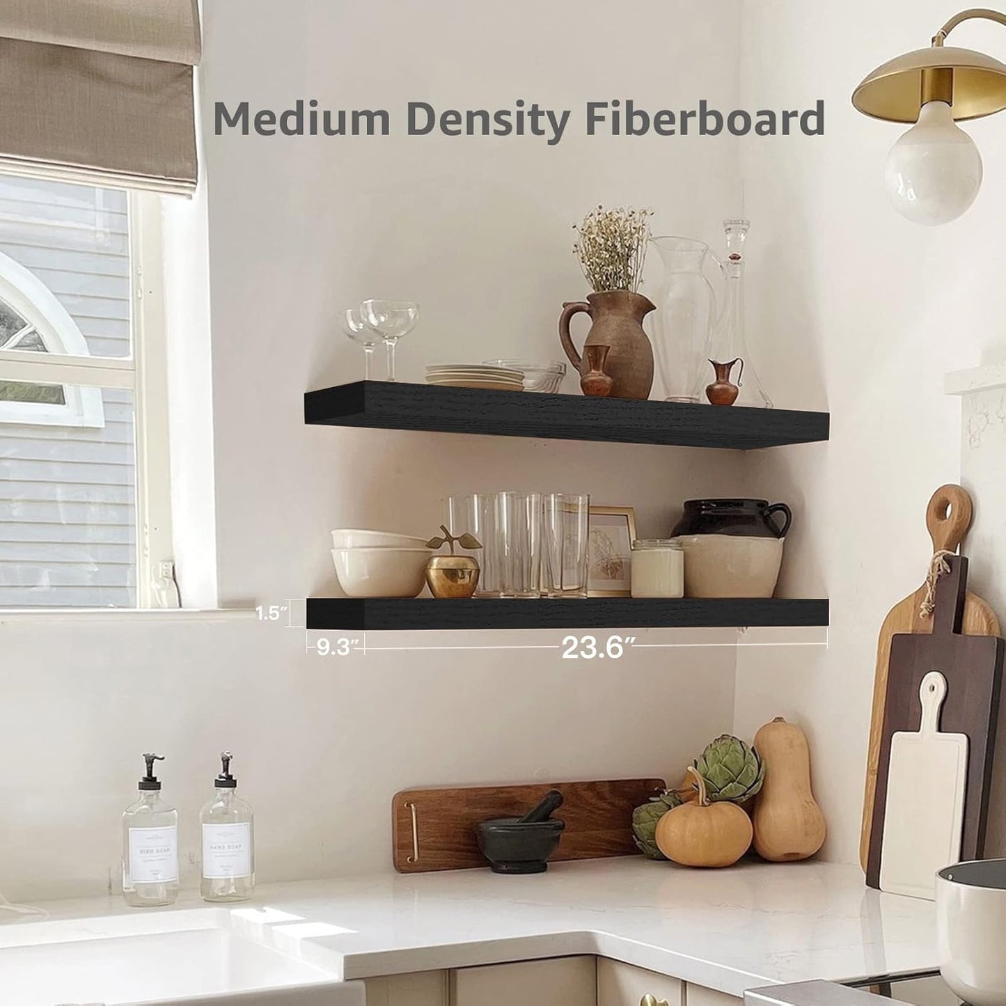QEEIG Floating Wall Shelves - Stylish Black Home Decor | Set of 2, 23.6" Long for Bathroom, Kitchen & Living Room