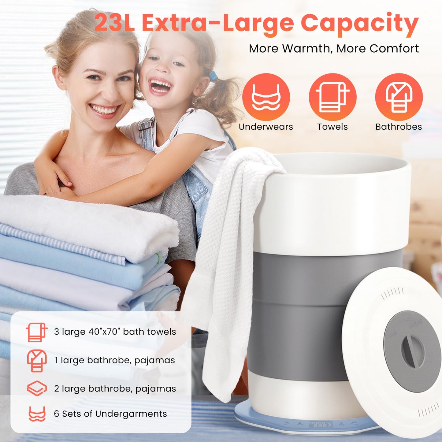 Arrocent Towel Warmer, 23L Towel Warmer Bucket with Time Setting, Auto Shut-Off, Retractable Portable, Fits Up to Two Large Towels, Bathrobes, Blankets, PJ's and More