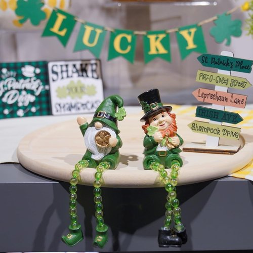 Braxio St. Patrick's Day Collectible Figurines - Set of 2 Green Gnome Shelf Sitters | Perfect Table Decor