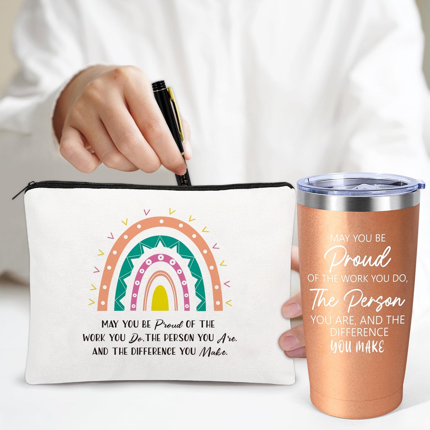 iAOVUEBY 6 Set Employee Appreciation Gifts Bulk, Gift for Coworkers Teachers Nurses, 20 OZ Inspirational Stainless Steel Tumbler Makeup Bags Pen Thank You Gifts For Women Men Team Staffs