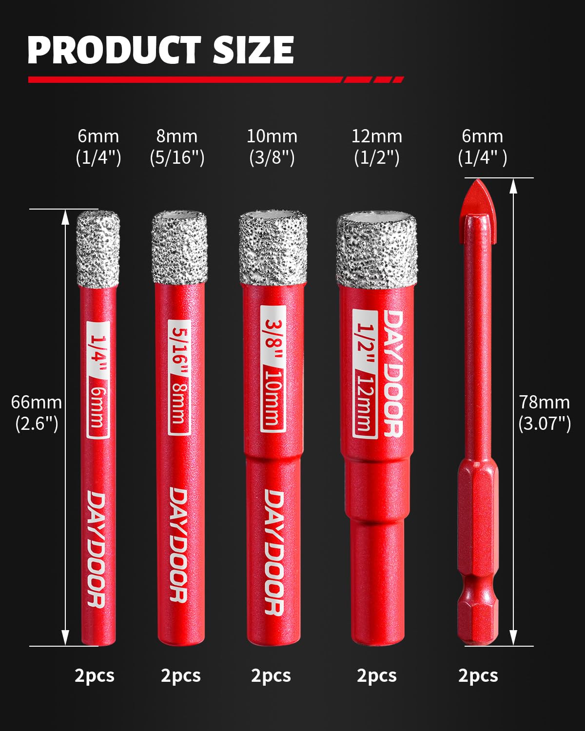 DAYDOOR Dry Diamond Drill Bits Set, 1/4" 5/16" 3/8" 1/2" Diamond Hole Saw Kit for Porcelain Tile Ceramic Glass Marble Granite, Tile Drill Bits with Cooling Wax, Round Shank (10-Piece)
