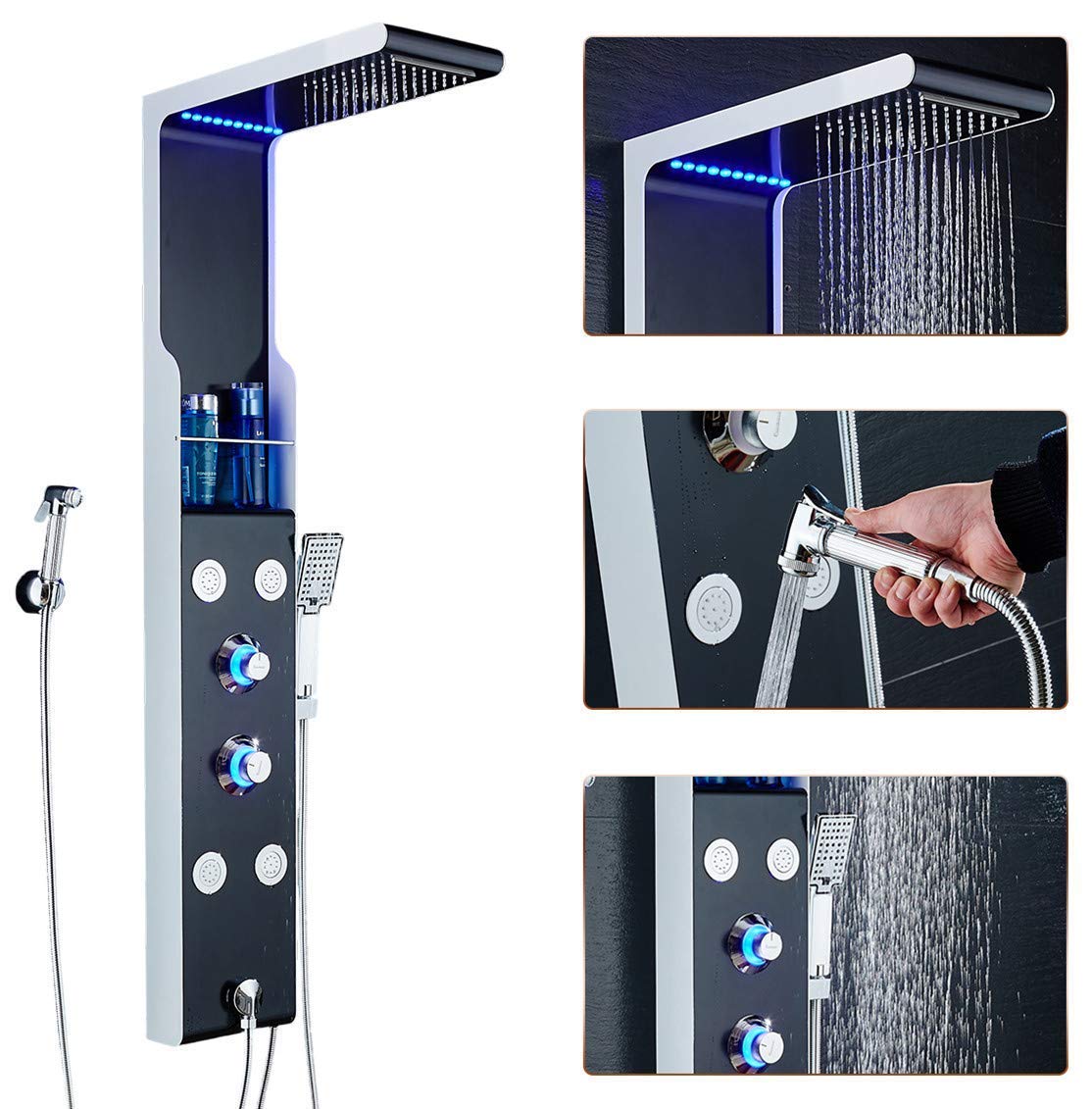 ELLO&ALLO LED Rainfall Waterfall Shower Head Rain Massage System with Body Jets & Hand Shower Stainless Steel Bathroom Shower Panel Tower System, Black and Silver