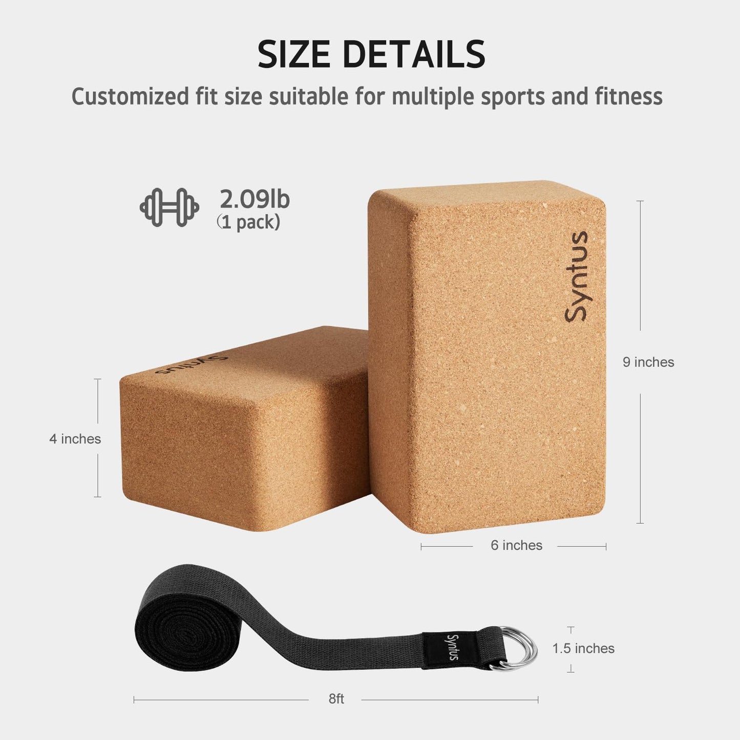 Syntus Yoga Block and Strap Set, 2 Natural Cork Soft Non-Slip Blocks 9×6×4 inches, 8FT Metal D-Ring Strap for Yoga, General Fitness, Pilates, Stretching and Toning