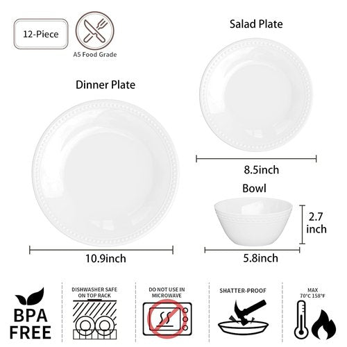 BEESEN Basic White Beaded Melamine Plastic Dinnerware Sets,12 Pieces Dishes Set, Lightweight Unbreakable, BPA Free, Plates and Bowls Set, Perfect for Indoor Outdoor Weddings & Everyday Meals
