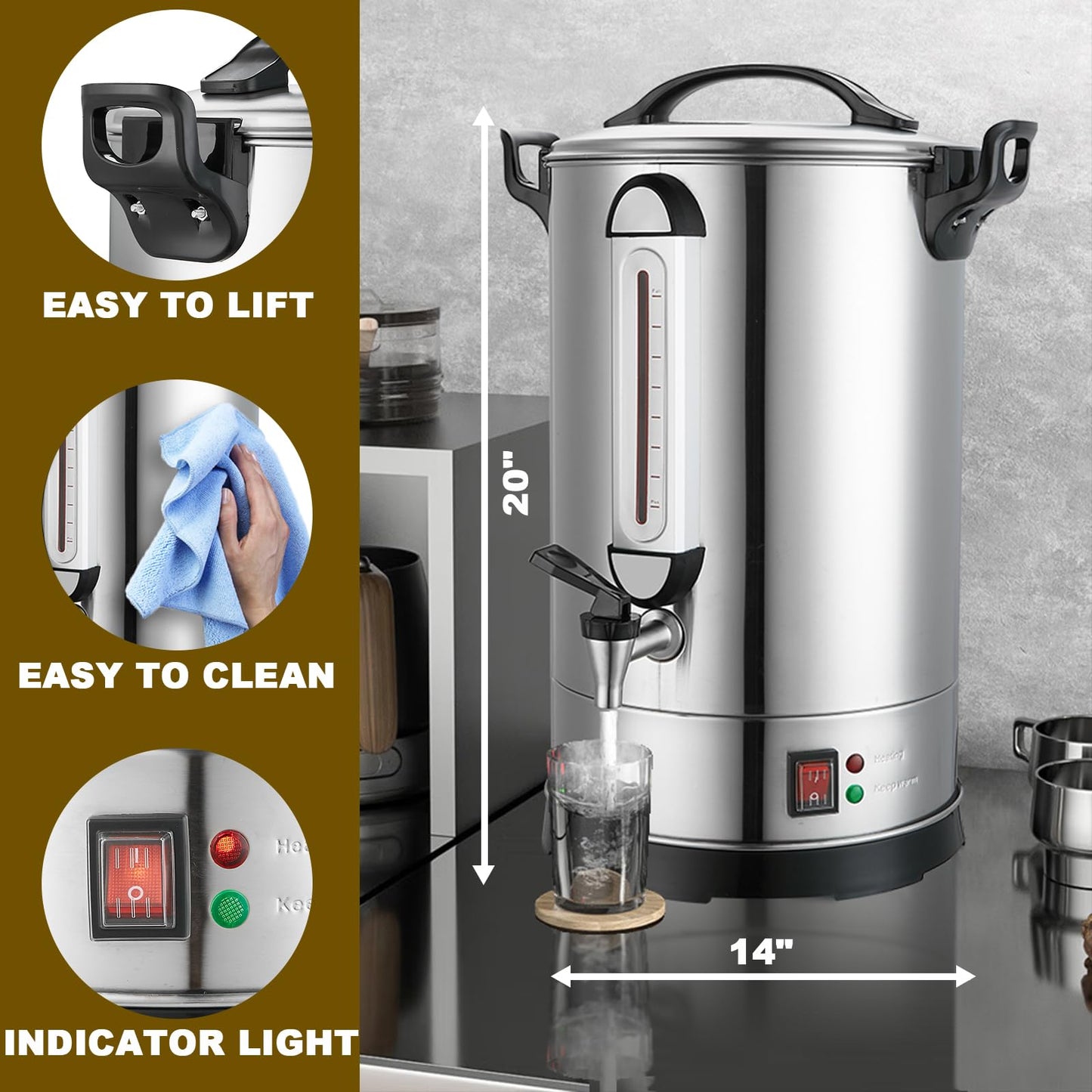 Commercial Coffee Maker 100 Cup Large Coffee Urn 4 Gallon 16L Industrial Coffee Dispenser 1300W Quick Brew Dual Wall Stainless Steel Hot Water Urn & Tea Maker for Catering, Wedding, Church & Events