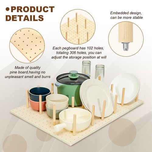 Kigley 3 Pcs Wood Pegboard Drawer Organizer with 32 Pegs Wooden Peg Board Drawer Shelf Organizer Adjustable Peg System for Dishes Plate Pot Container Cookware Utensil Kitchen(17 x 5.91 in)