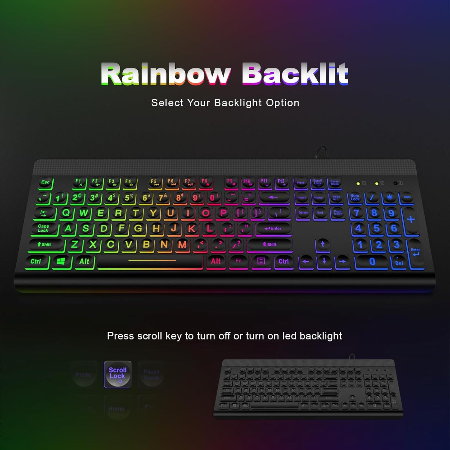 Atelus Large Print Backlit Keyboard, USB Wired Computer Keyboard, Full Size Keyboard with Rainbow Illuminated LED