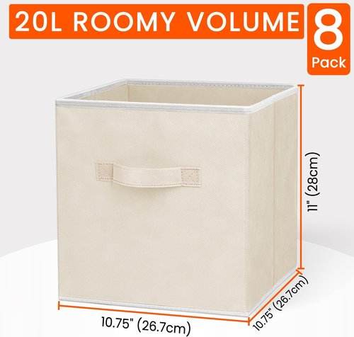 Criusia Storage Cubes - 11-Inch Heavy-Duty Fabric Bins for Closet Organization | 8-Pack Collapsible Beige Baskets for Toys & Blankets