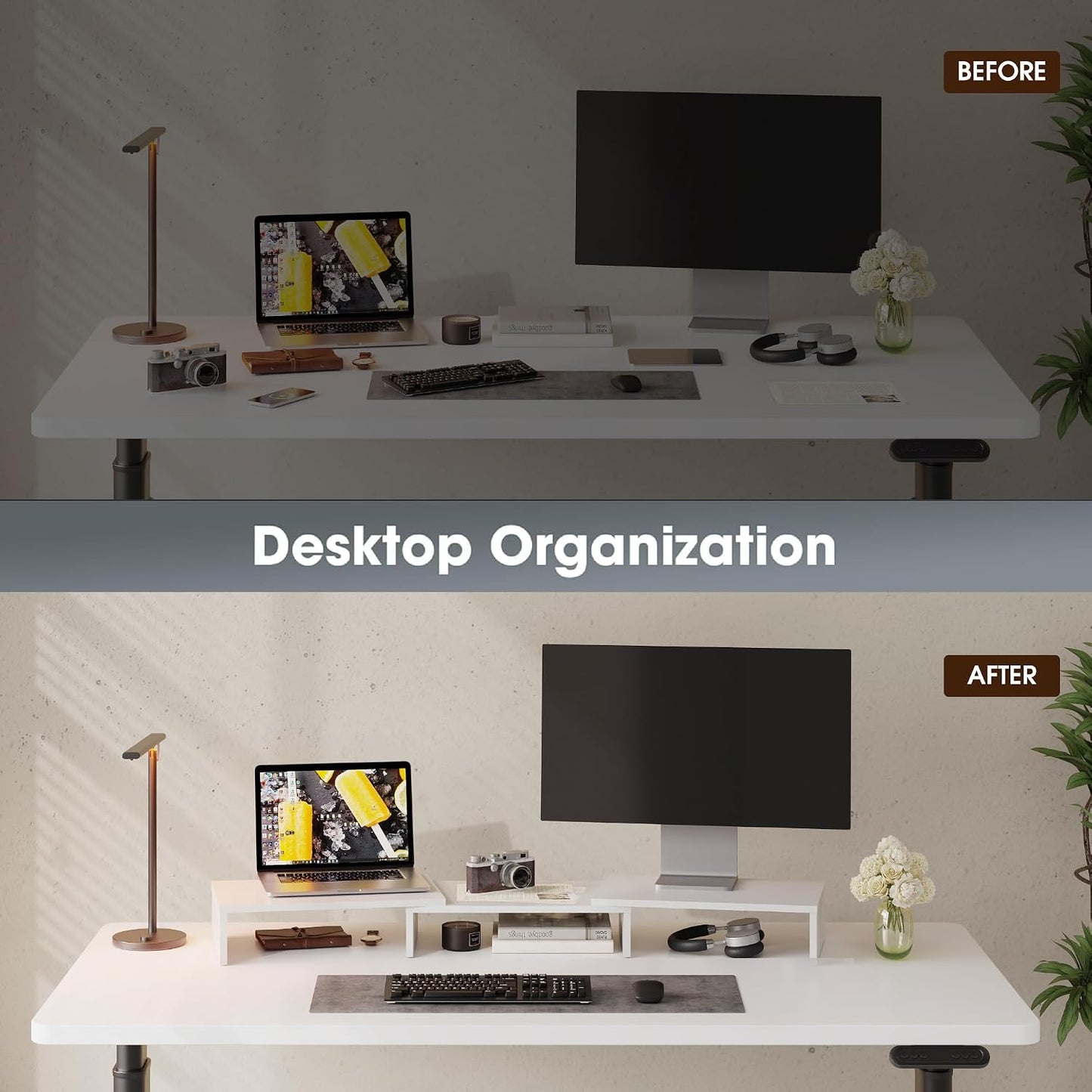 3 DT108008WW FITUEYES Dual Monitor Stand Shelf Computer Monitor Riser, Wood Desktop Stand with Adjustable Length
