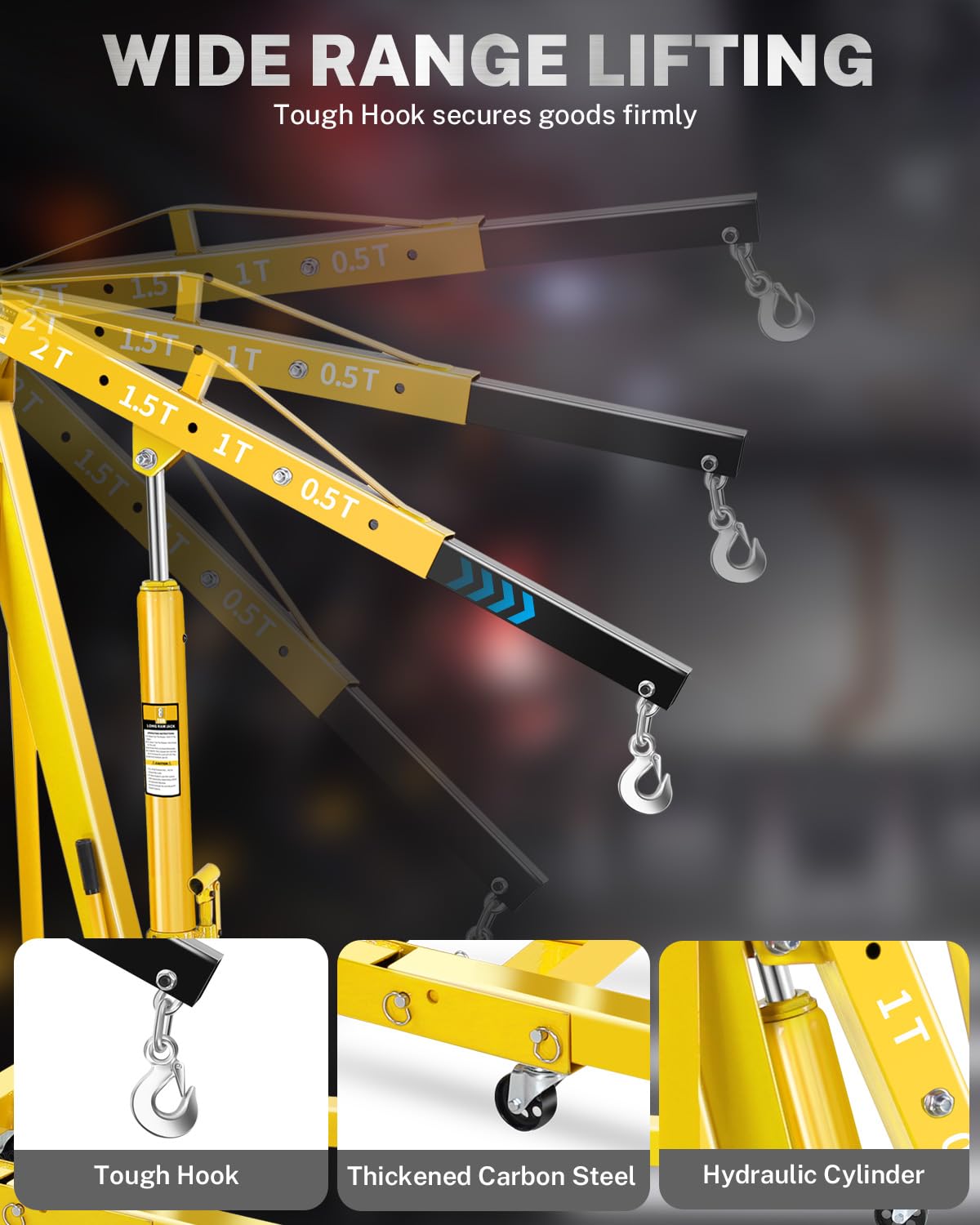 2 Ton Hydraulic Engine Hoist Crane with Lever, Folding Heavy-Duty Cherry Picker with 6 Locking Wheels & 4 Boom Positions, for Truck/SUV Engines, Garage Workshop, Industrial Lifting (Net Wt. 168 lbs)