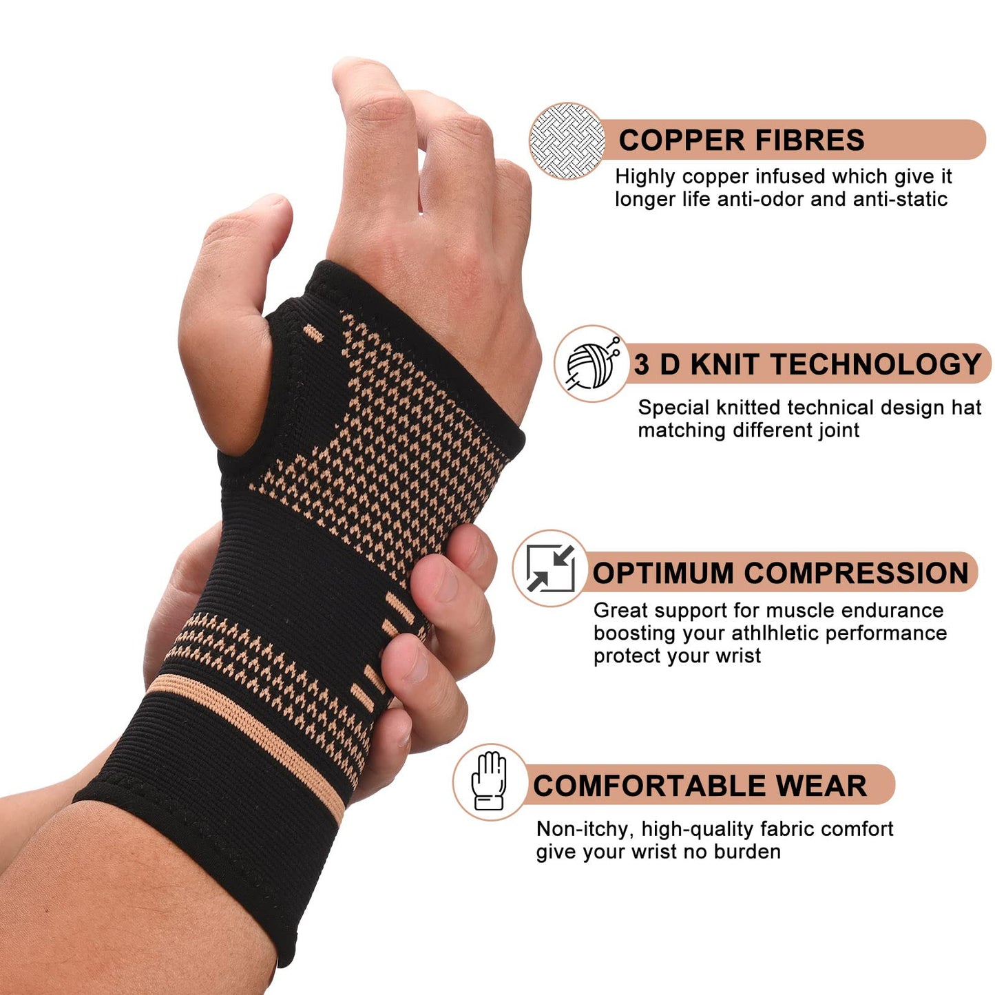 TCOOGO Copper Wrist Compression Sleeves, Comfortable and Breathable for Arthritis, Tendonitis, Sprains, Workout, Carpal Tunnel, Wrist Support for Women and Men (Pair)