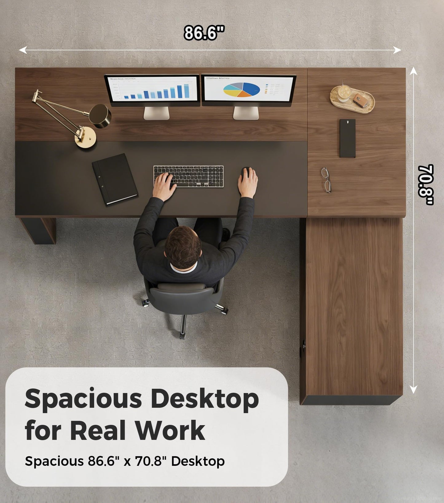 87" Reversible L-Shaped Executive Desk with Drawers – Luxury Office Computer Desk with Open Shelves, LED Lighting, Built-in Outlet & USB Ports for Home Office, Corporate, School (87"W x 71"D x 30"H)