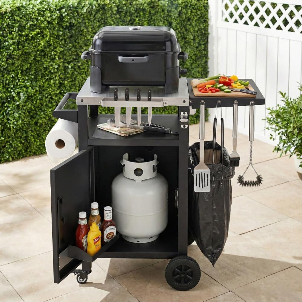 Dfchlda 33.9" Outdoor Grill Cart with Stainless Steel Top, Foldable Table, Storage Cabinet, Pizza Oven Table on Wheels, Hooks & Spice Rack for BBQ, Waterproof Cover Included, Black