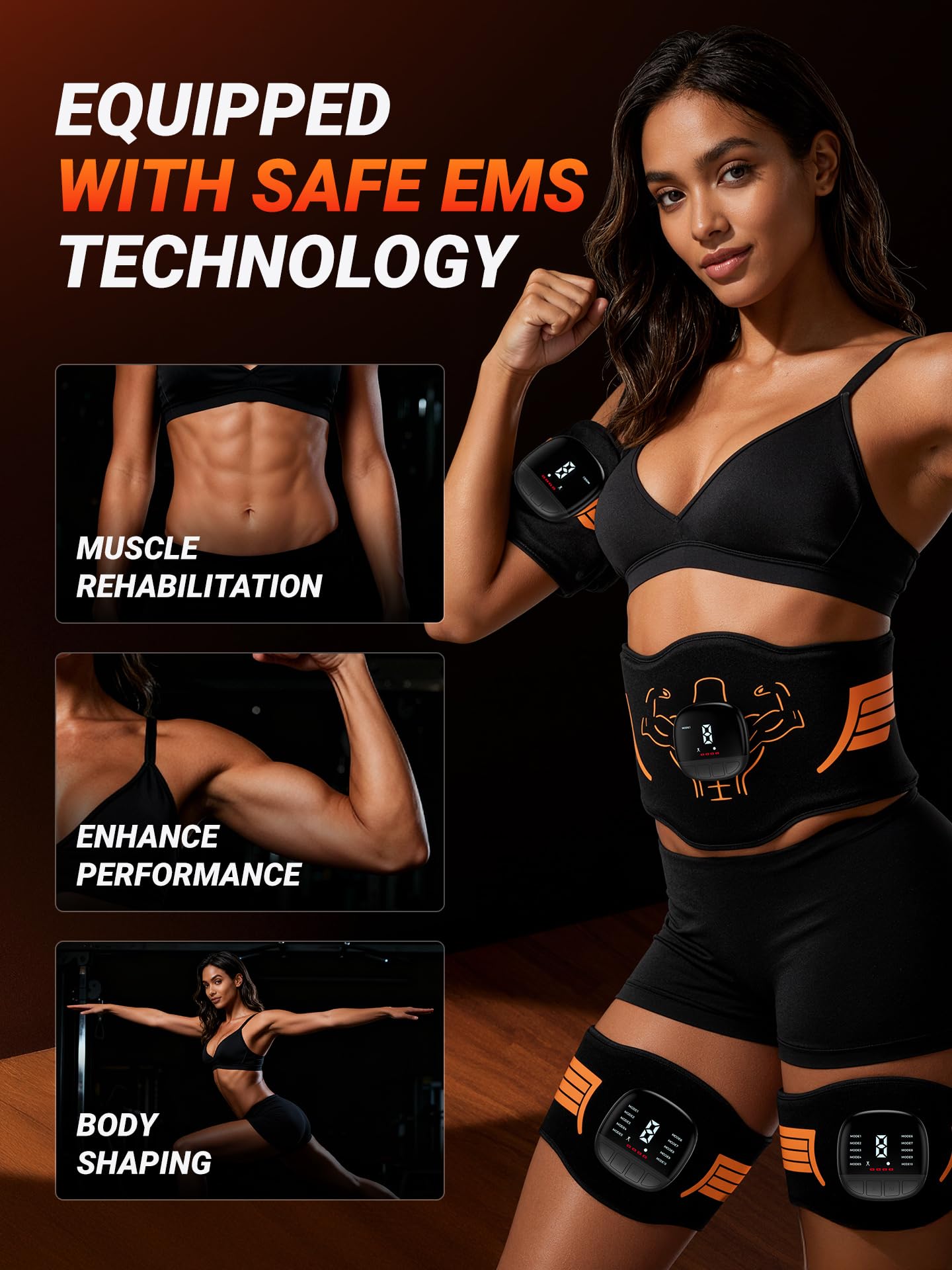 EMS Muscle Stimulator 5-Piece Set - Rechargeable Ab, Arms & Legs Stimulator for Core Strength, Body Toning & Workout Recovery, Suitable for Men & Women