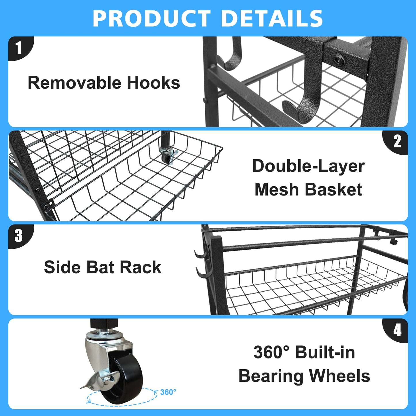 ICSPOID Sports Equipment Garage Organizer, Garage Ball Storage Rack with Basket, Hooks and Rolling Cart for Sports Gear and Toy Storage, Heavy Duty Ball Holder Indoor/Outdoor Use