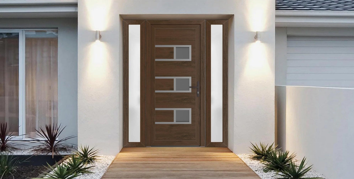 VDOMDOORS Front Exterior Prehung Metal-Plastic Door Frosted Glass | Manux 8933 Walnut | 2 Side Sidelite Transoms | Residential Doors Entrance Patio Garage 56 x 80 (W12+32+12 x H80) Left-Inswing