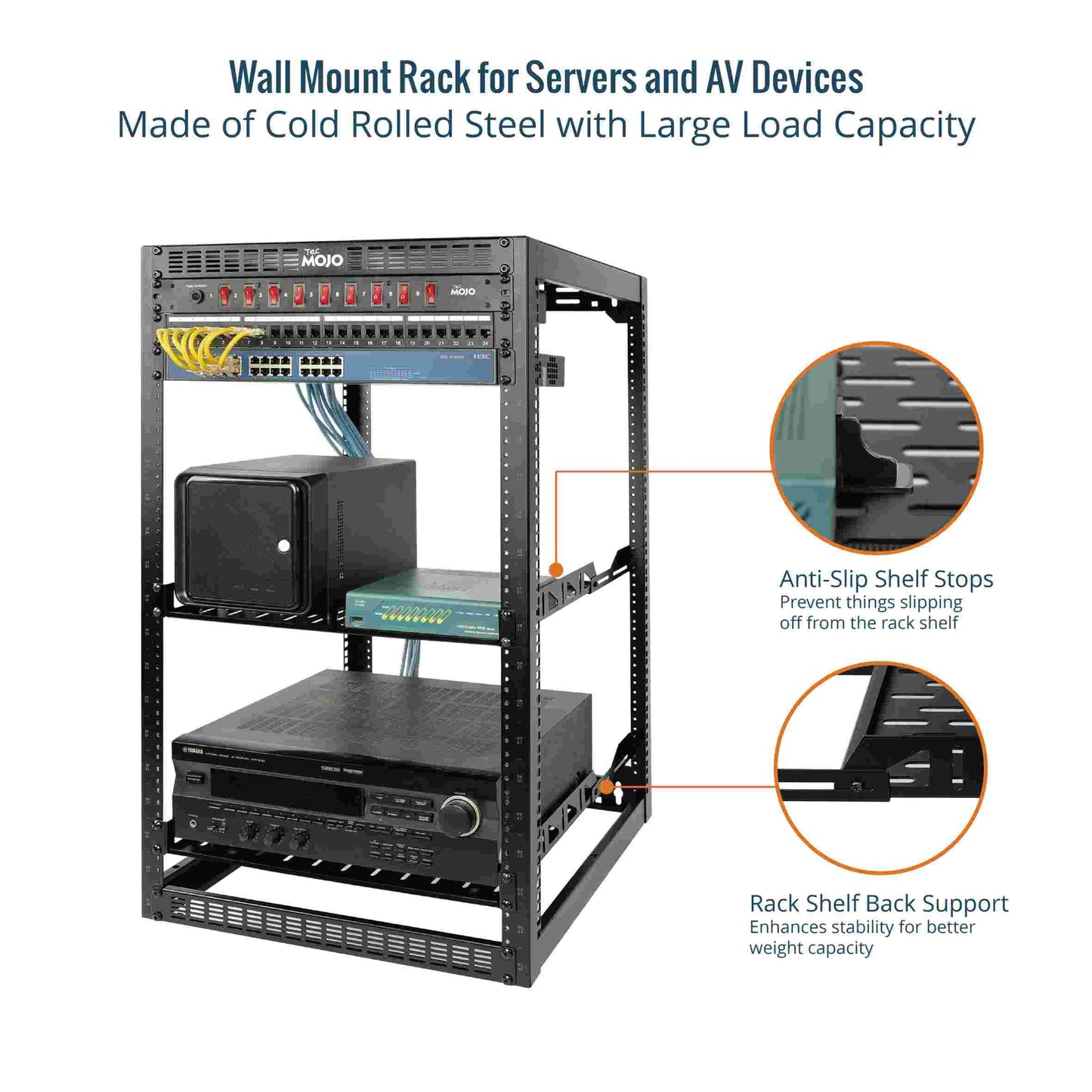 Tecmojo 20U Open Frame Network Rack for IT & AV Gear, AV Rack Floor Standing or Wall Mounted,with 2 PCS 1U Rack Shelves & Mounting Hardware,Network Rack for 19" Networking,Audio and Video Device