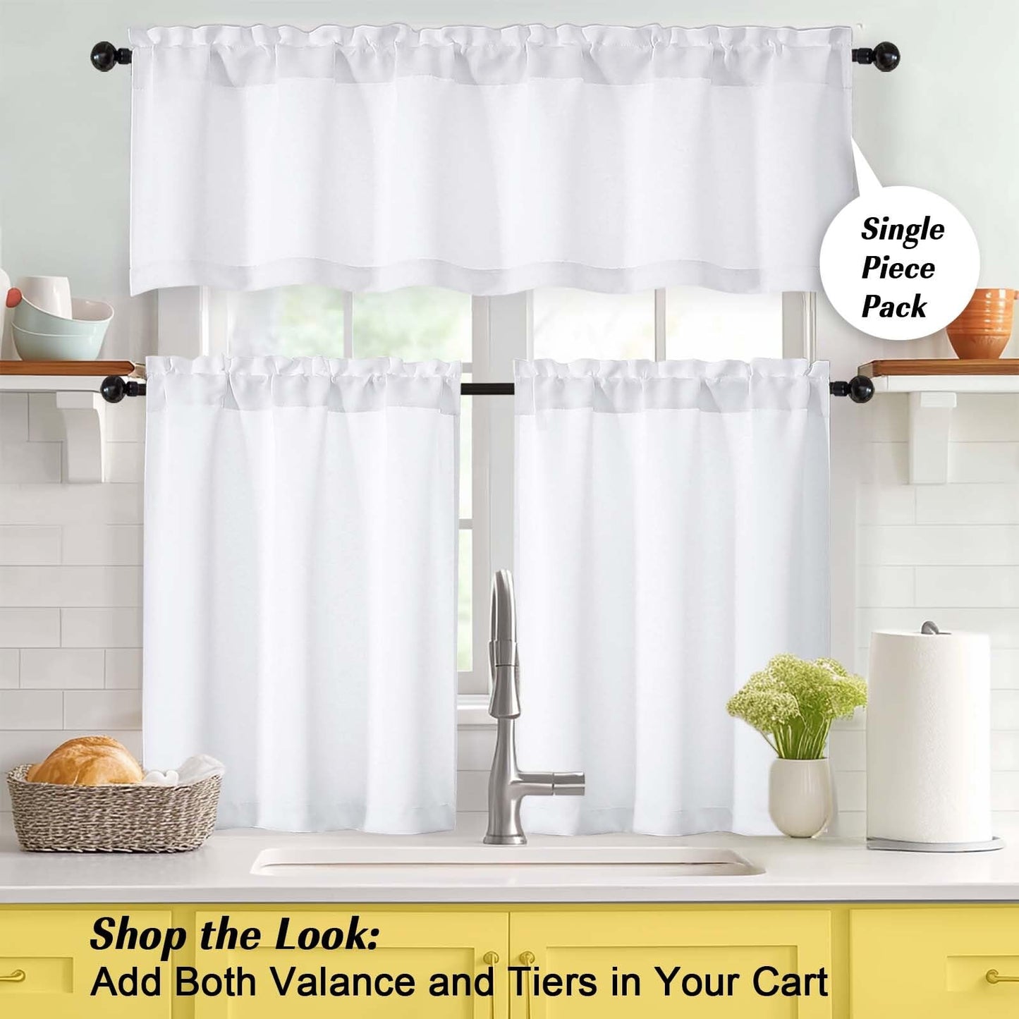 WelvetBLK White Valances for Windows 1 Piece, Soft Solid Thermal Insulated Decorative Small Kitchen Window Curtains for Bathroom Basement Cafe, White, 60" Wx14 L