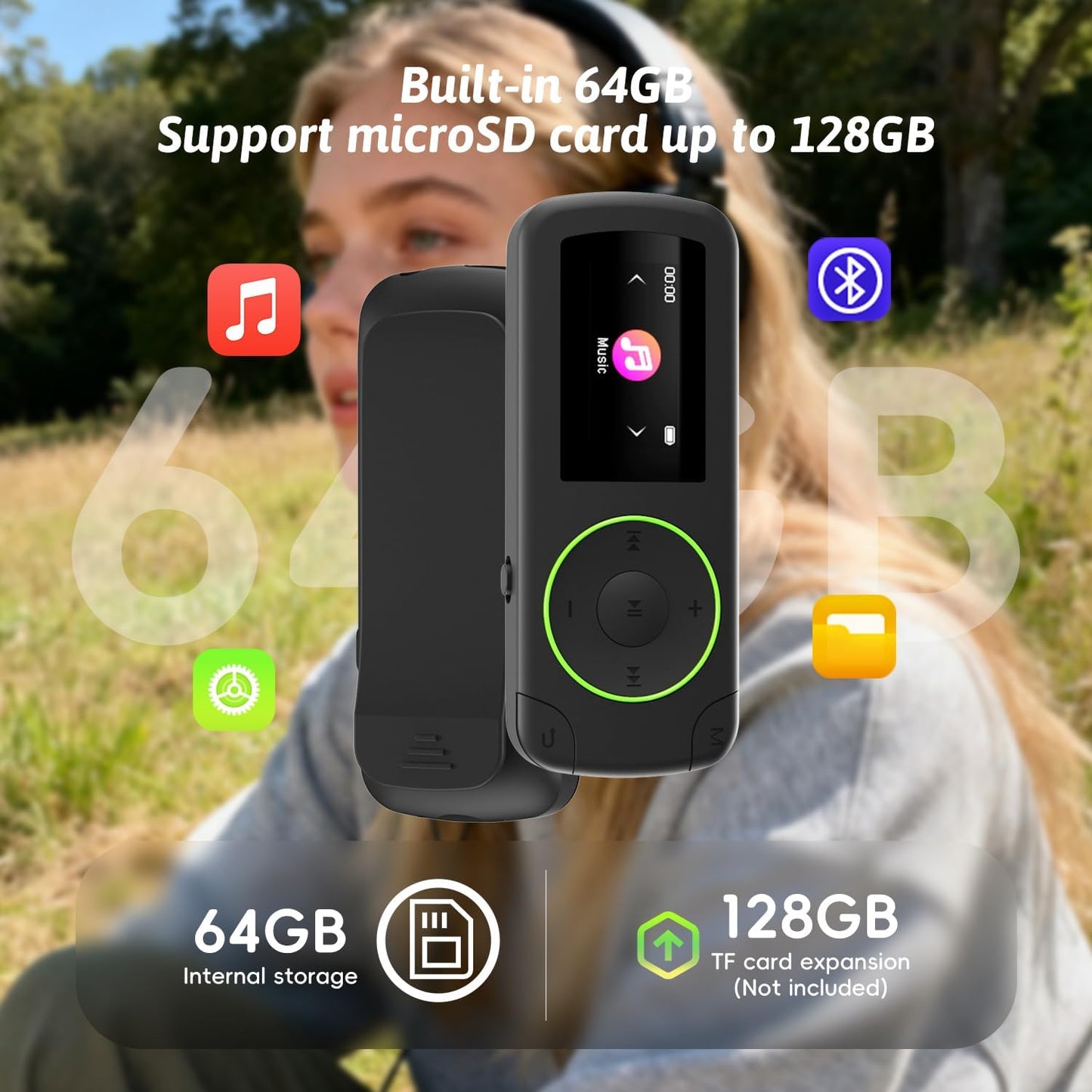 wiwoo 64GB MP3 MP3 Sport Clip on Player with Bluetooth- Superlight Mini Player with FM Radio,Recorder,MicroSD