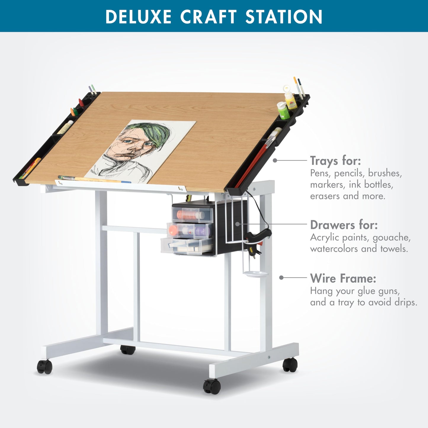 Studio Designs Deluxe Craft Station, Top Adjustable Drafting Table Craft Table Drawing Desk Hobby Table Writing Desk Studio Desk with Drawers, 36''W x 24''D, White / Maple