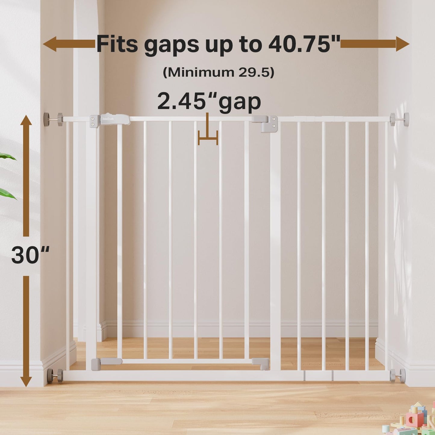 InnoTruth 29.5–40.75" Baby Gate for Stairs, 30" Tall Dog Gates for Doorways & Hallways, Safety Gate for Kids & Pets, Pressure-Mounted Walk-Through with Dual Lock & 2-Way Swing, White