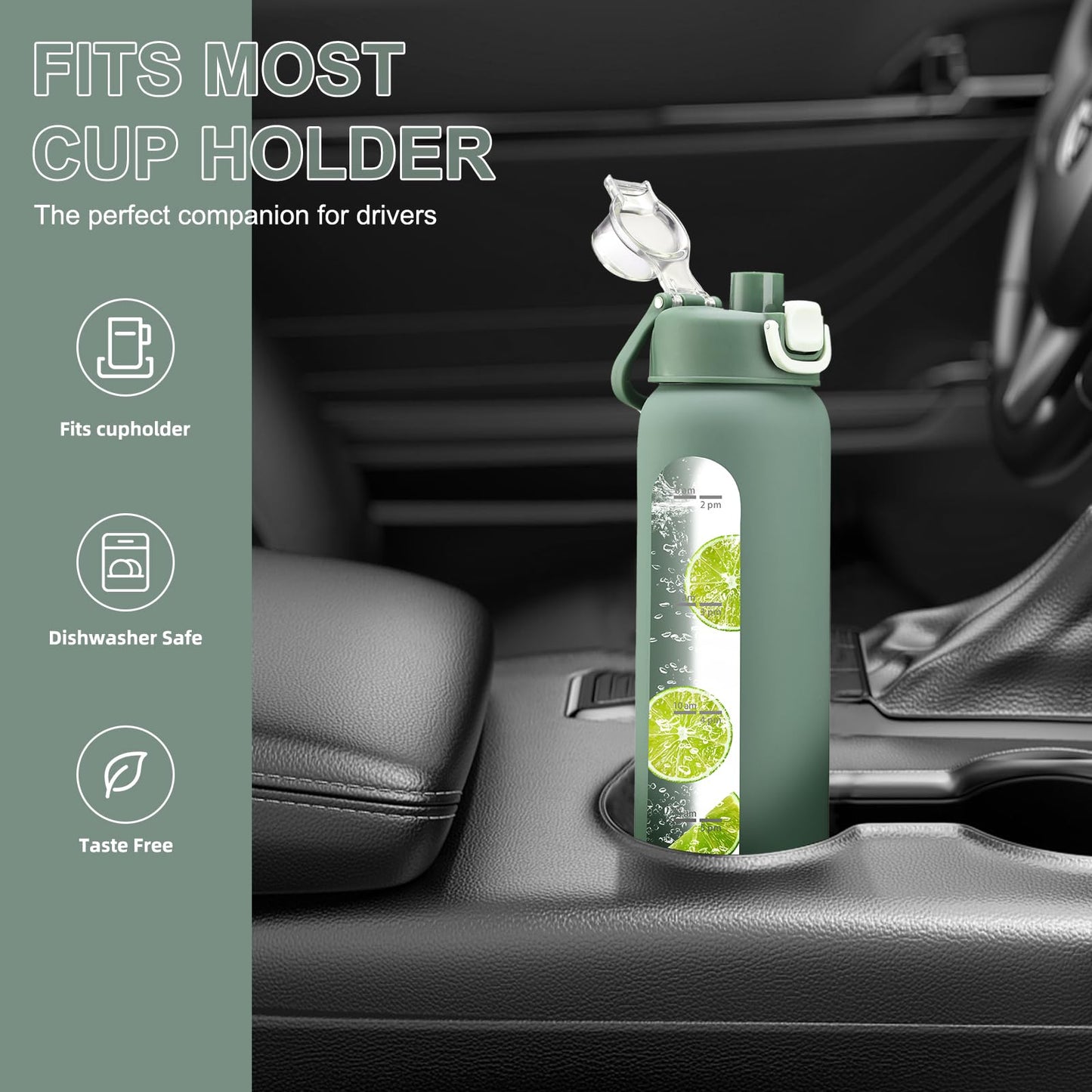 chunmo 32 oz Glass Water Bottles with 2 Lids-Handle Spout Lid & Straw Lid, 1 Liter Motivational Borosilicate Water Bottle with Time Marker and Silicone Sleeve,Leakproof-Olive-1 Pack