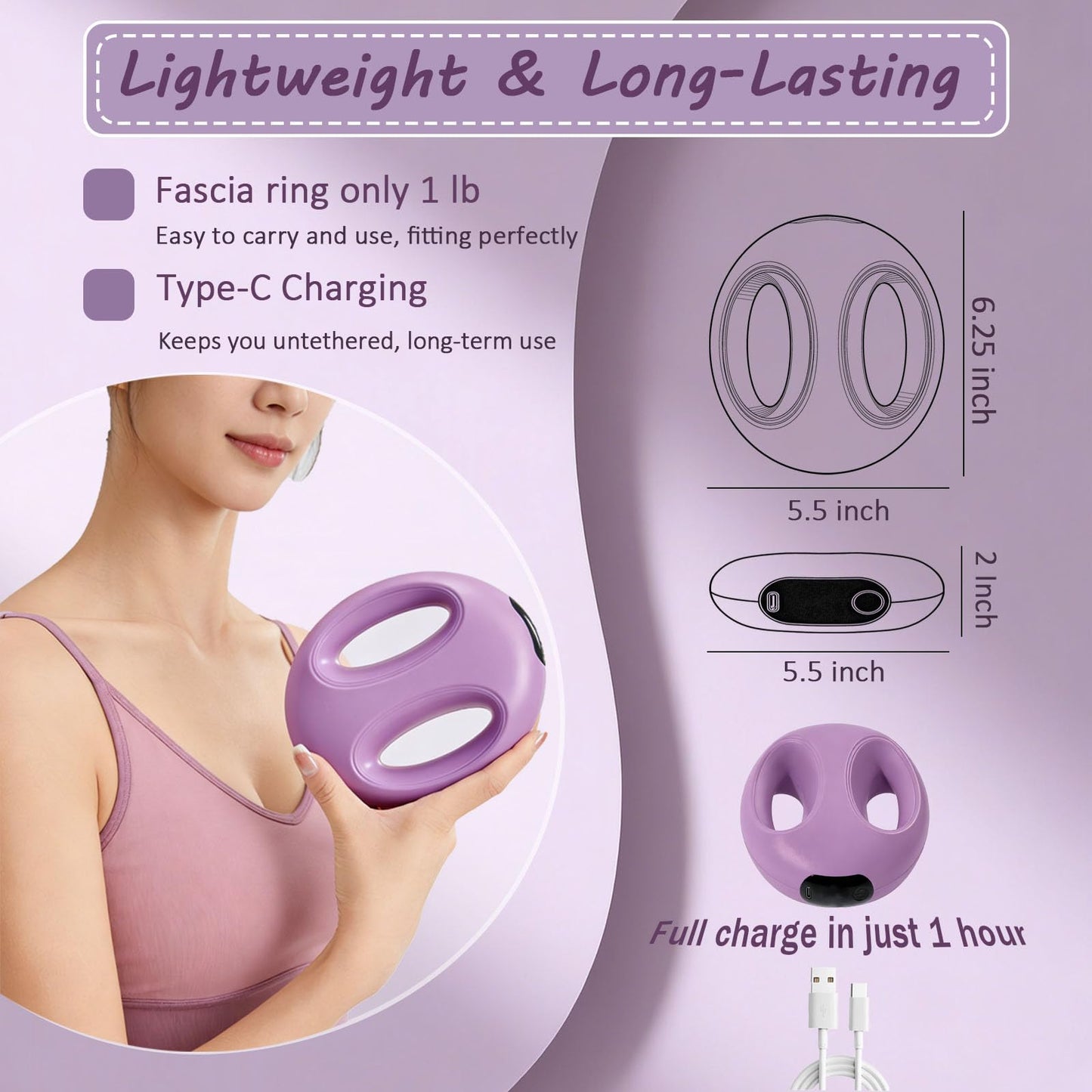 YLZELSKY Full-Body Fascia Ring Massager with Belt Deep Tissue Vibration Massage Tool 3 Modes & 6 Intensities, Portable Cordless Massager for Weight Loss & Lymphatic Drainage, Gift for Women (Purple)