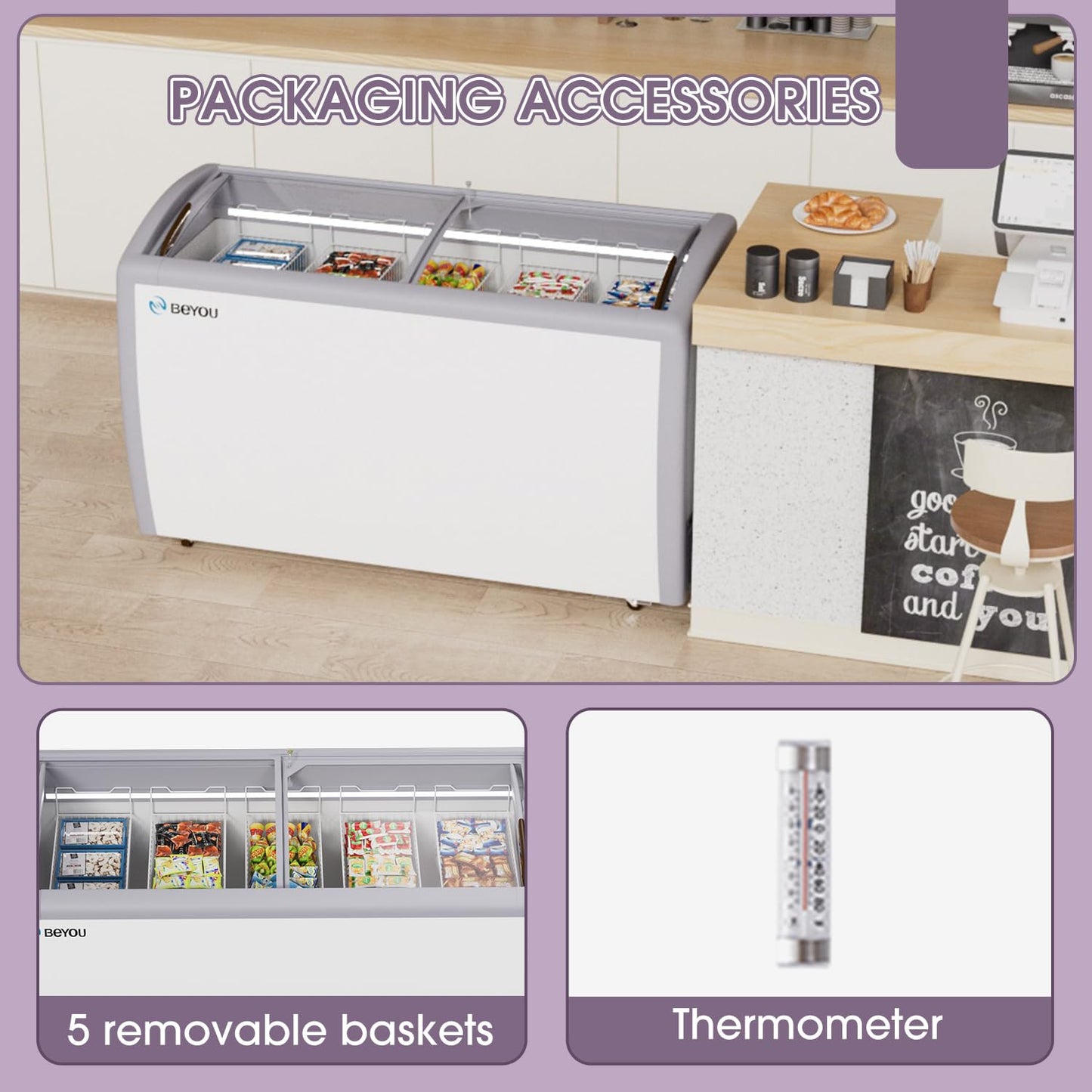 BEYOU Commercial Ice Cream Freezers with Display Glass Top，16.3 Cu.ft Chest Freezer with Wire Basket, White