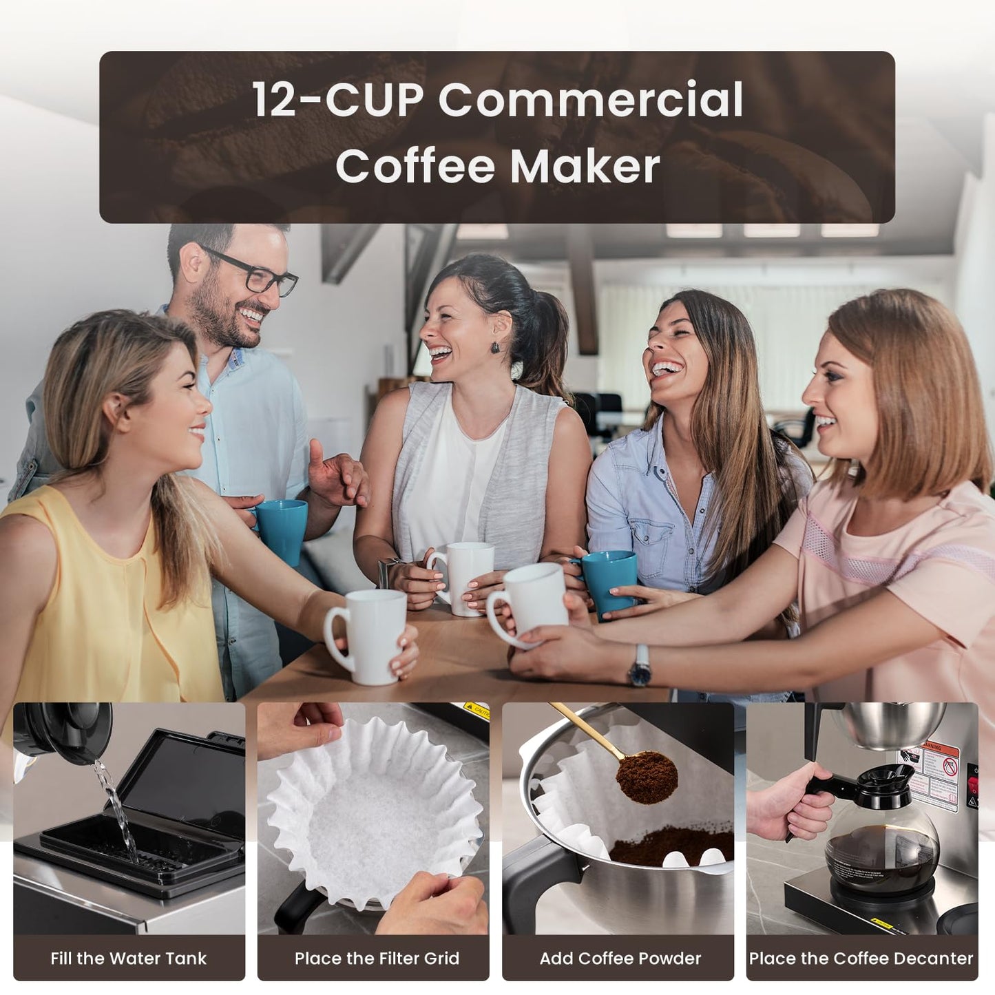SYBO 12-Cup Commercial Coffee Maker, Pour Over Drip Coffee Maker Brewer with 3 Lower Warmers and 3 Glass Decanters, Stainless Steel Cafetera