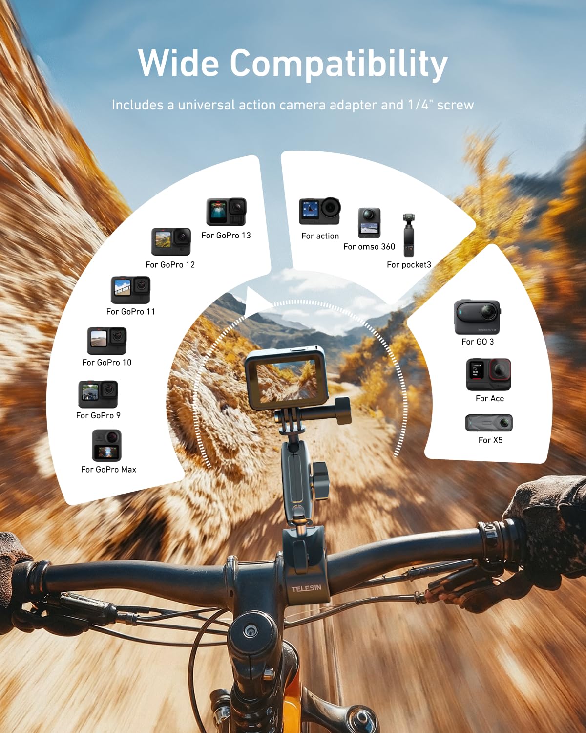 TELESIN Super Clamp Camera Mount with 360° Dual Ball Head, Bike/Bicycle/Motorcycle Handlebar Mount for DJI Osmo Pocket 4/ DJI Osmo Action 6/ Action 5 Pro/Osmo Nano/Action 4/Hero 13 12 11/Insta 360 X5