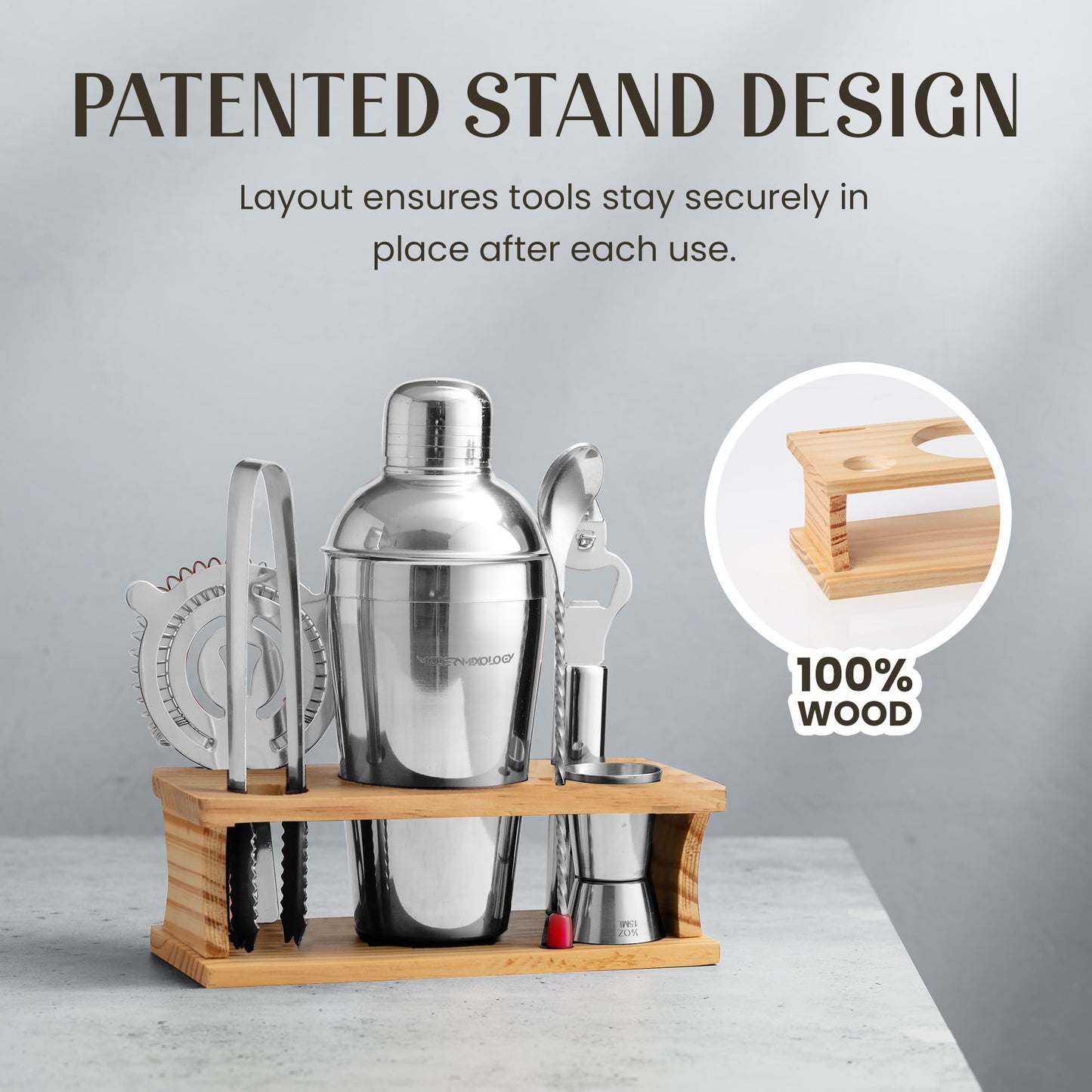Modern Mixology Cocktail Shaker Set - Bartender Kit with Pine Stand | Leak-Proof Design | Includes Martini Shaker, Jigger, Strainer, Spoon, Tongs | Perfect Bar Tools Gift for Home Mixology (Silver)