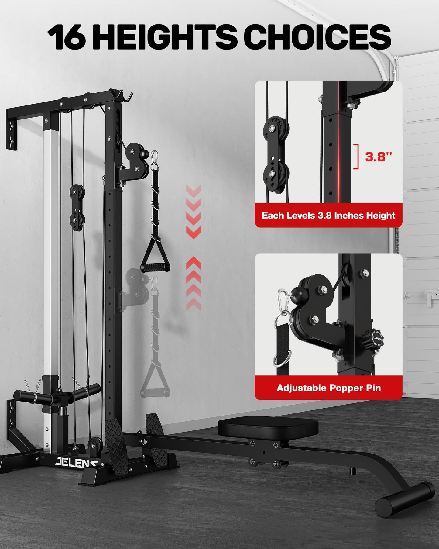 JELENS RC01 Foldable LAT Pulldown Machine with Adjustable seat, Wall Mount Cable Station with 16 Adjustable Positions, Cable Machine Home Gym 2 in 1 (Black, Classical)