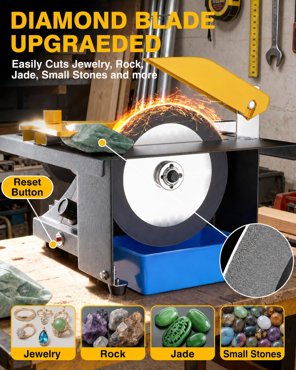 PYY Lapidary Saw - Jewelry Rock Saw w/Upgraded Diamond Blades Blade, 0-10000 RPM for Cutting Rocks & Polishing, DIY Art Project Lapidary Equipment,Apricot,350W