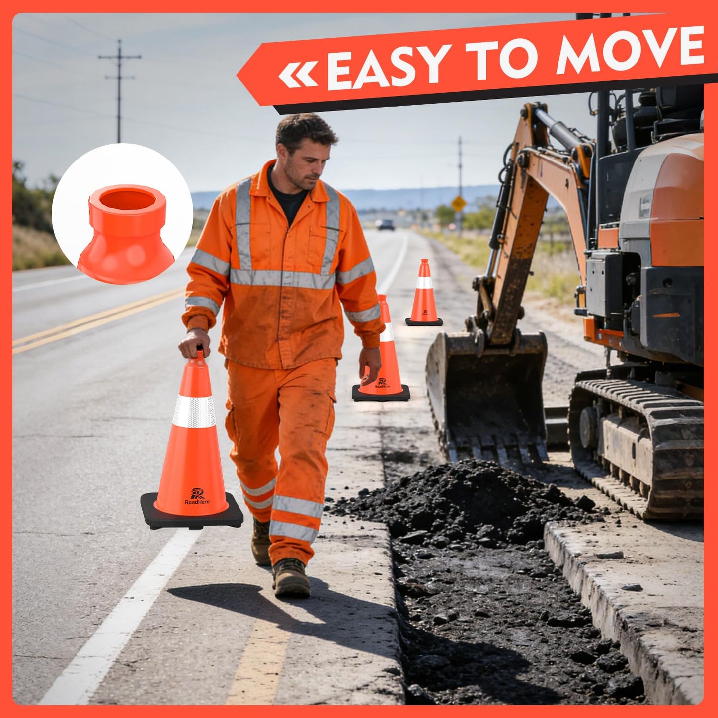 RoadHero 8 Pack Traffic Safety Cones 18 Inch, PVC Cone with Black Weighted Base, Orange Cones with Reflective Collar, Cones for Parking Lot, Construction Events, Road Safety