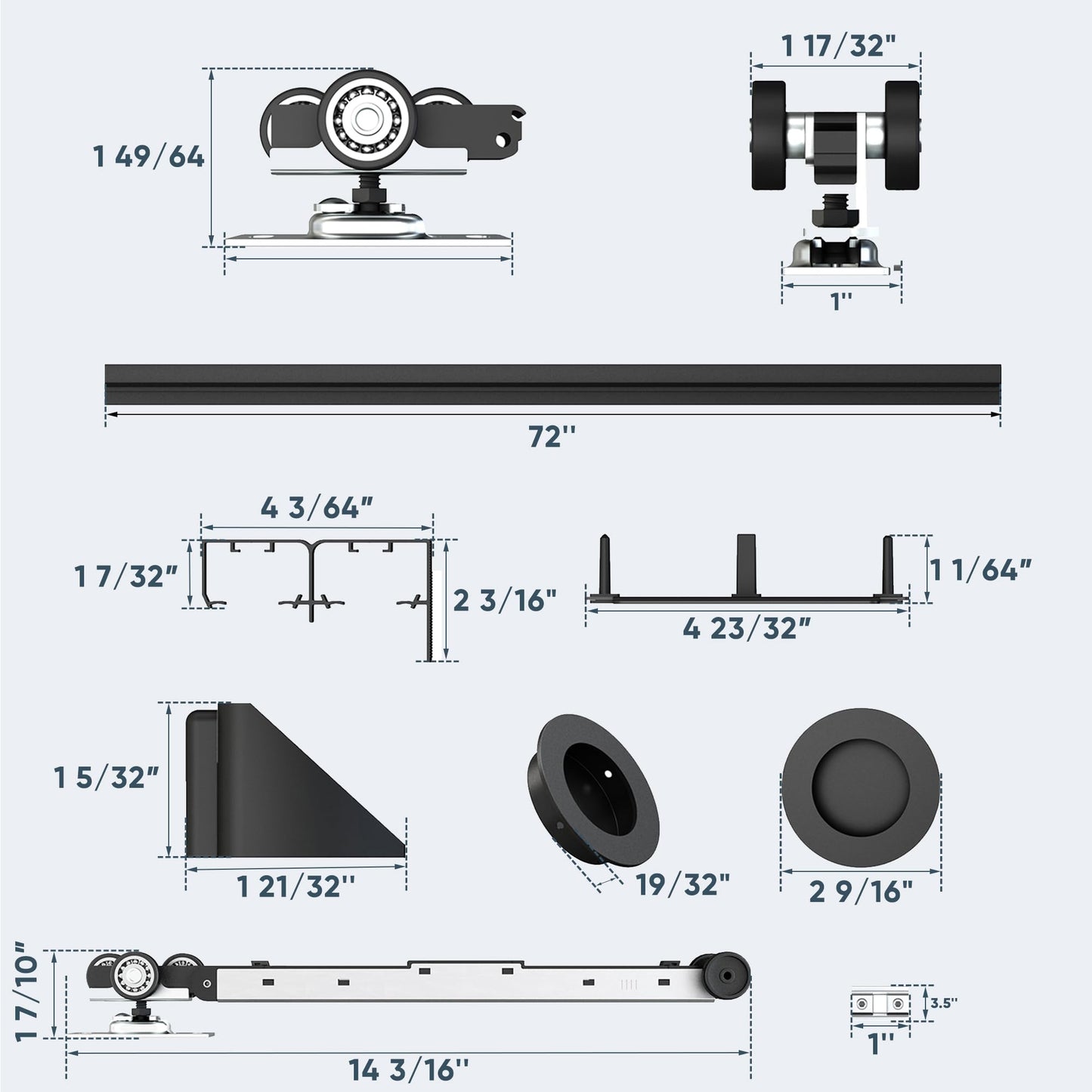 JUBEST 6FT/72 Heavy Duty Bypass Door Hardware with Soft Close Mechanism, Sturdy Closet Door Track for 2 Door System, Quietly and Smoothly, Fit Door Thickness 1 3/8" or 1 3/4", Easy to Install, Black